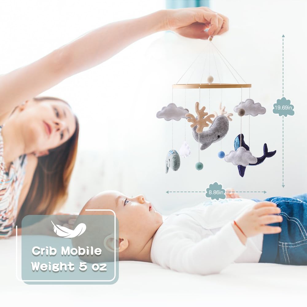 EERKEOD Baby Crib Mobile Ocean Nursery Mobile for Boys Girls Handmade Felt Mobile for Crib Nursery Decor for Infant Bedroom Hanging Baby Mobile for Bassinet Newborn Baby Gift(Whales)