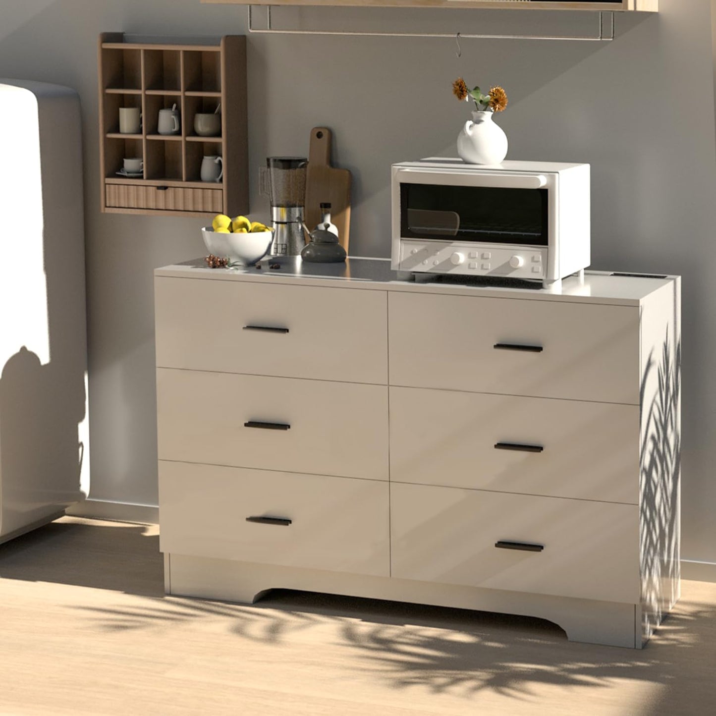 Dresser with Power Outlets Wooden 6 Drawer Dresser with USB and Type C Port Chest of Drawers for Bedroom Tall White Storage Organizer for Living Room Hallway Closet