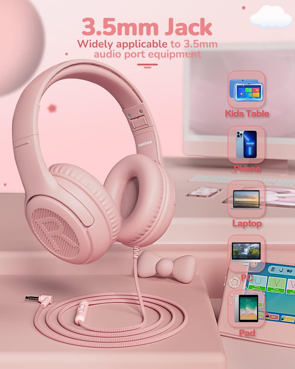 Kids Headphones with Microphone Foldable Stereo Tangle-Free 3.5mm Jack Wired Cord On-Ear Headset for Children/Teens/Boys/Girls/Smartphones/School/Kindle/Airplane Travel/Plane/Tablet (Pink)