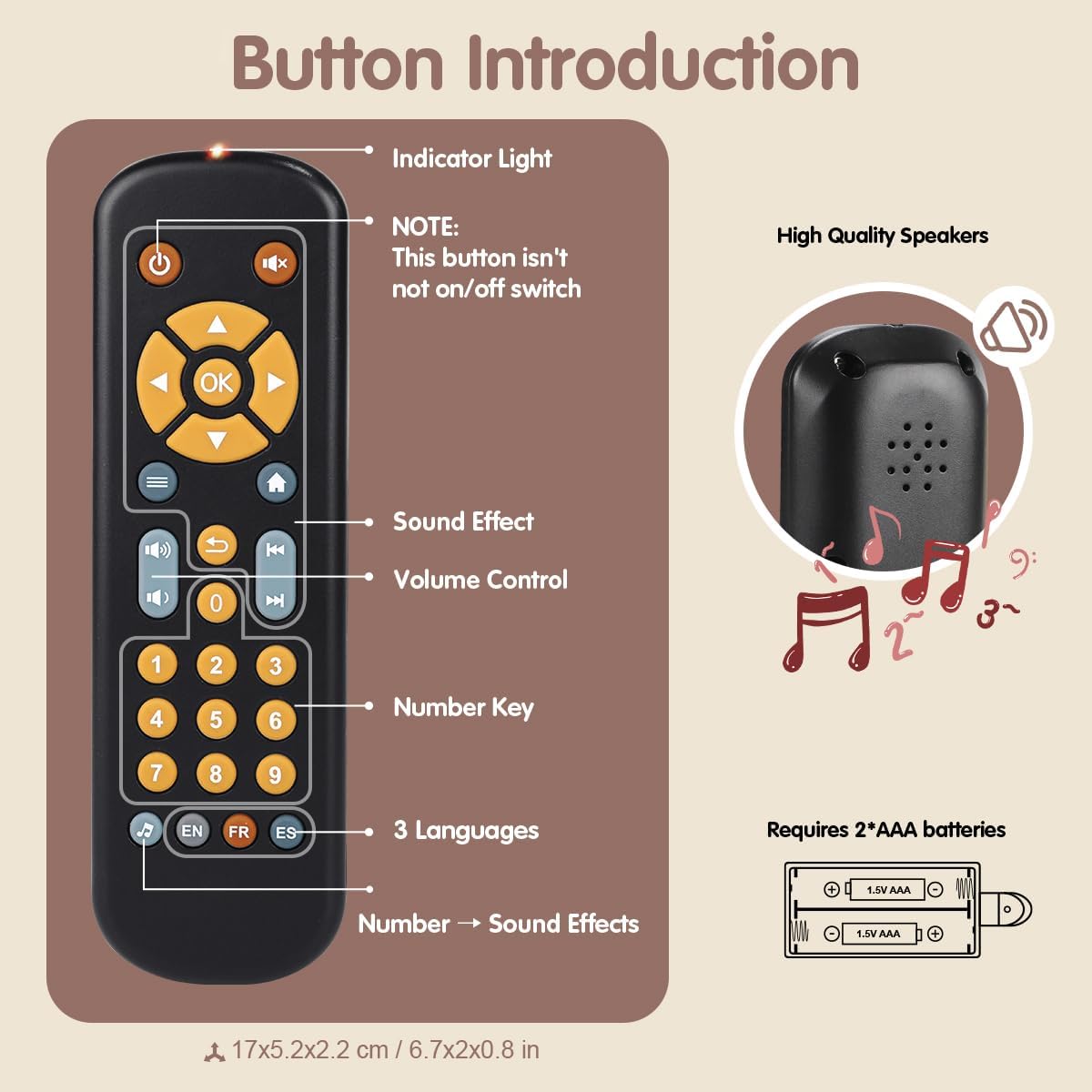 Nueplay Baby TV Remote Control Toy with Light and Sound, Toddler Realistic Controller with 3 Languages, Early Educational Learning Musical Toys, Preschool Infant Boys Girls 6, 12, 18 Months, Black