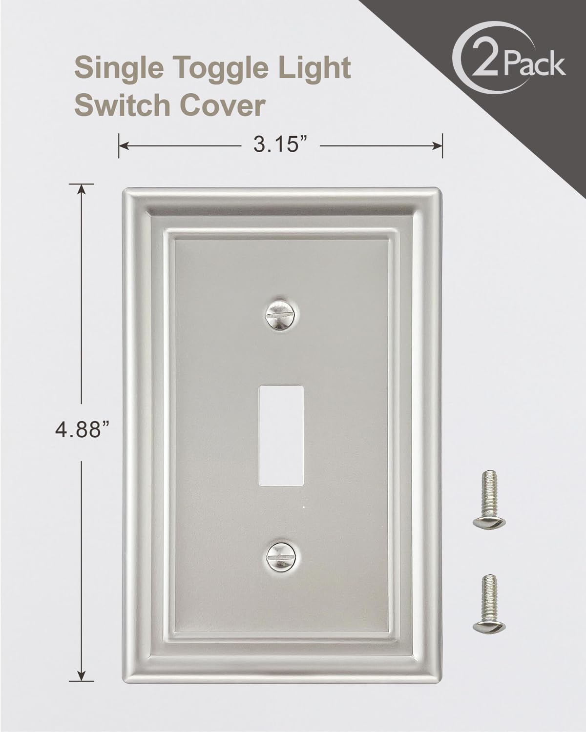 2-Pack Single Toggle Wall Plate, Metal Light Switch Cover, Satin Nickel Switch Plate Cover, 3.15‘’*4.88‘’, Midsize, A035 Series