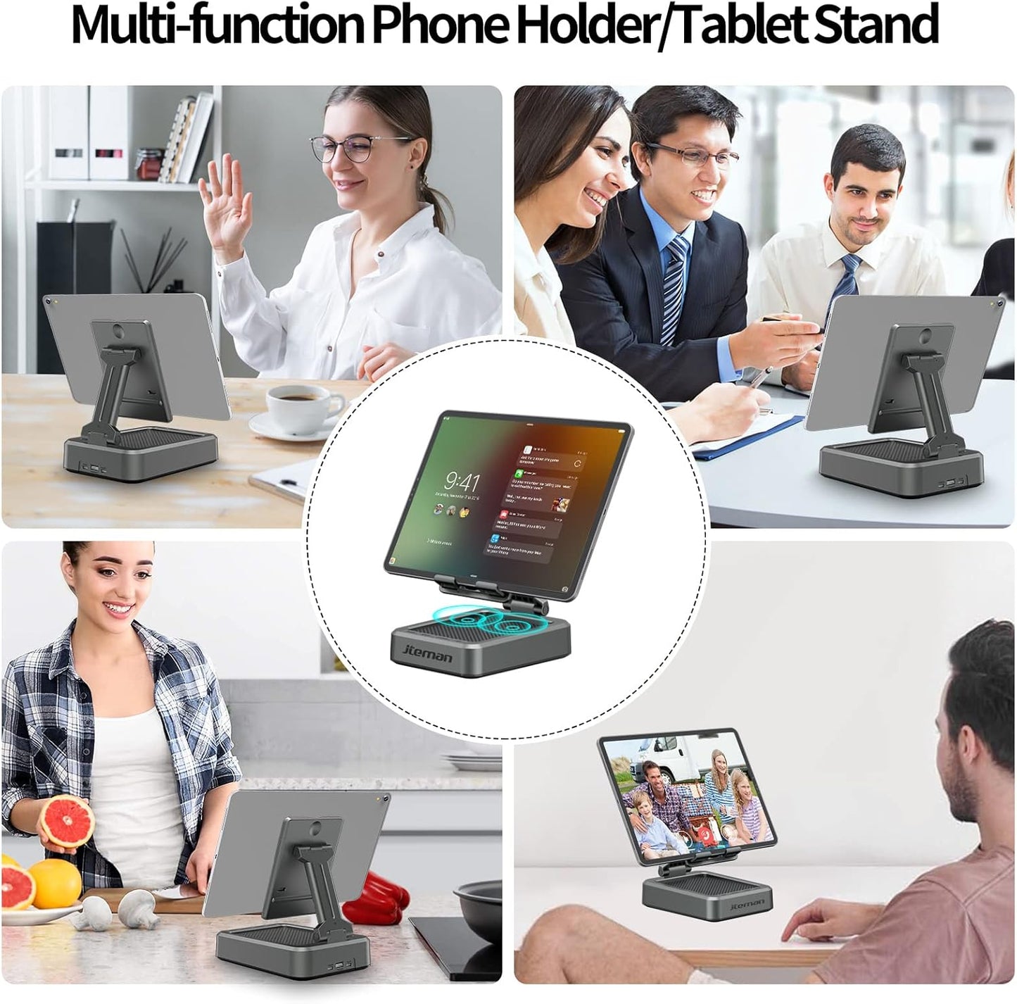 Jteman Wireless Bluetooth Speaker Tablet Stand, Adjustable with Bluetooth Speakers,Gifts for Women Men,Kitchen Gadget for Men,Compatible with Phones and Tablet (4.0-12.9'') - Graphite