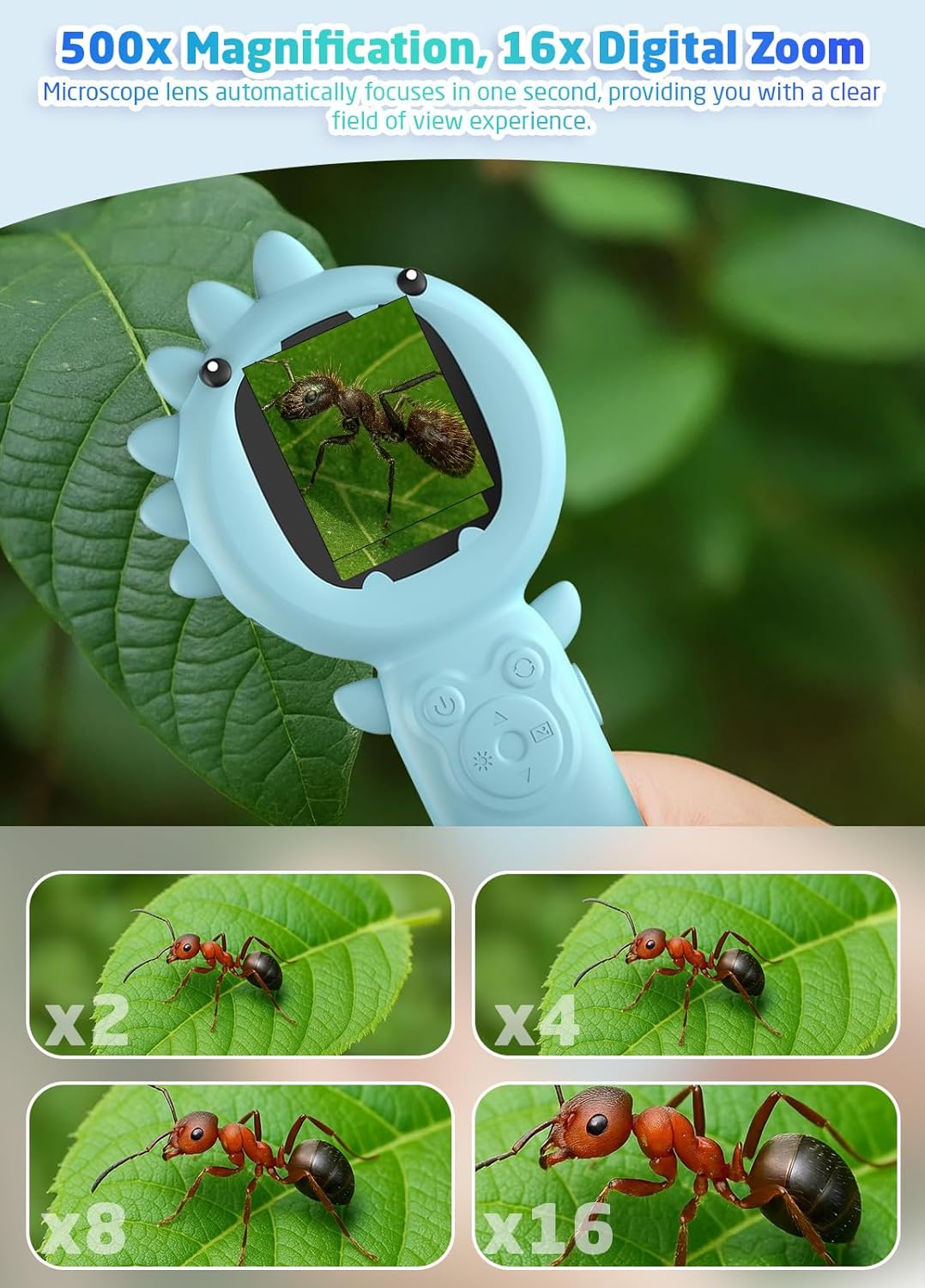2-in-1 Microscope Camera for Kids, Mini Handheld Microscope Supporting Multiple Viewing Angles, Outdoor Educational Science Adventure Toys, Birthday Gifts for 3-10 Years Old Boys Girls, Blue Dinosaur
