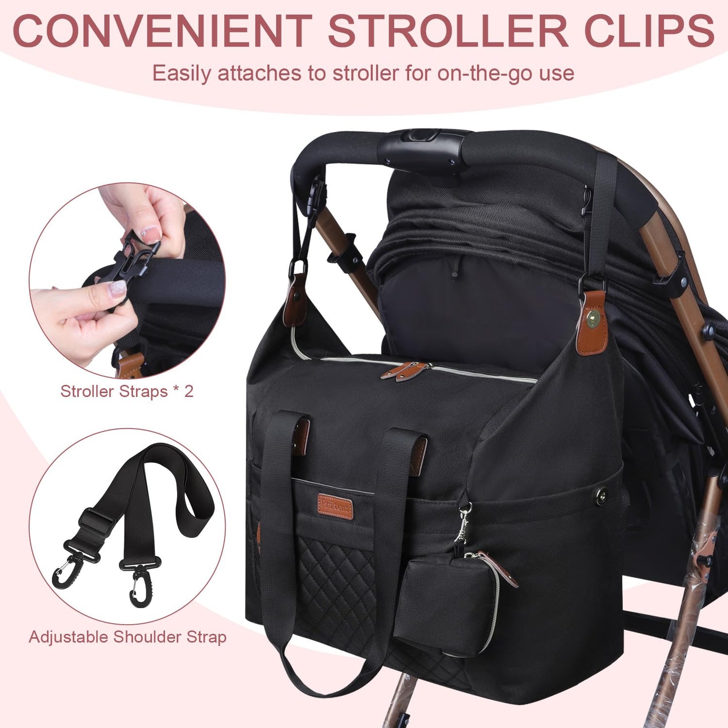 Diaper Bag Tote, Diaper Baby Bags with Pacifier Case, Shoulder Straps, Stroller Clips, Waterproof Large Mommy Maternity Travel Baby Tote for Mom and Dad, black