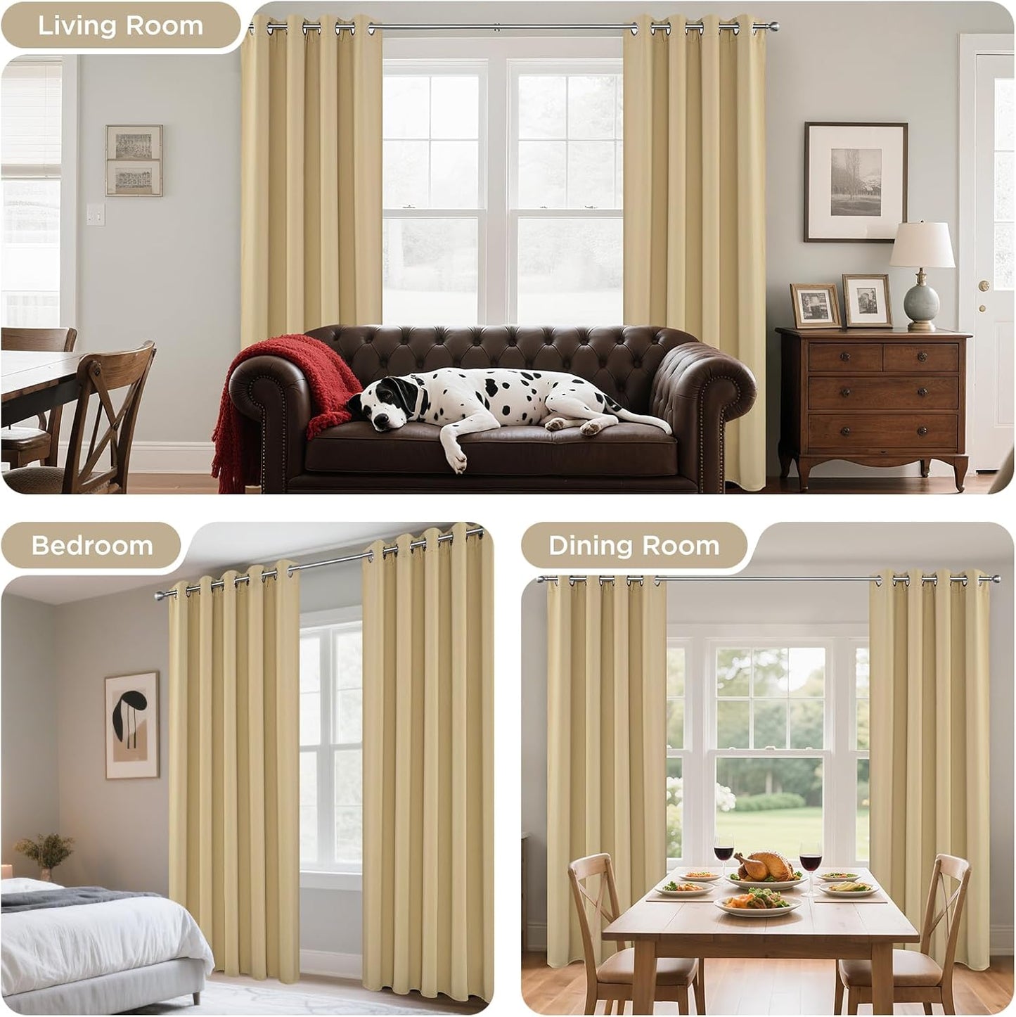 Joydeco Blackout Curtains 95 Inches Long 1 Panel, Thermal Insulated Long Curtains& Drapes 1 Piece, Room Darkening Grommet Drapes for Living Room Bedroom Window (W70 x L95 Inch, Beige)