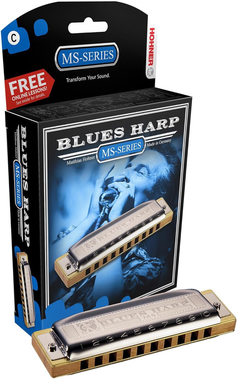 Hohner Harmonica 532 Blues Harp MS - Key of D Bundle with Case, Pouch, Harmonica Beginner Online Manual, and Austin Bazaar Polishing Cloth