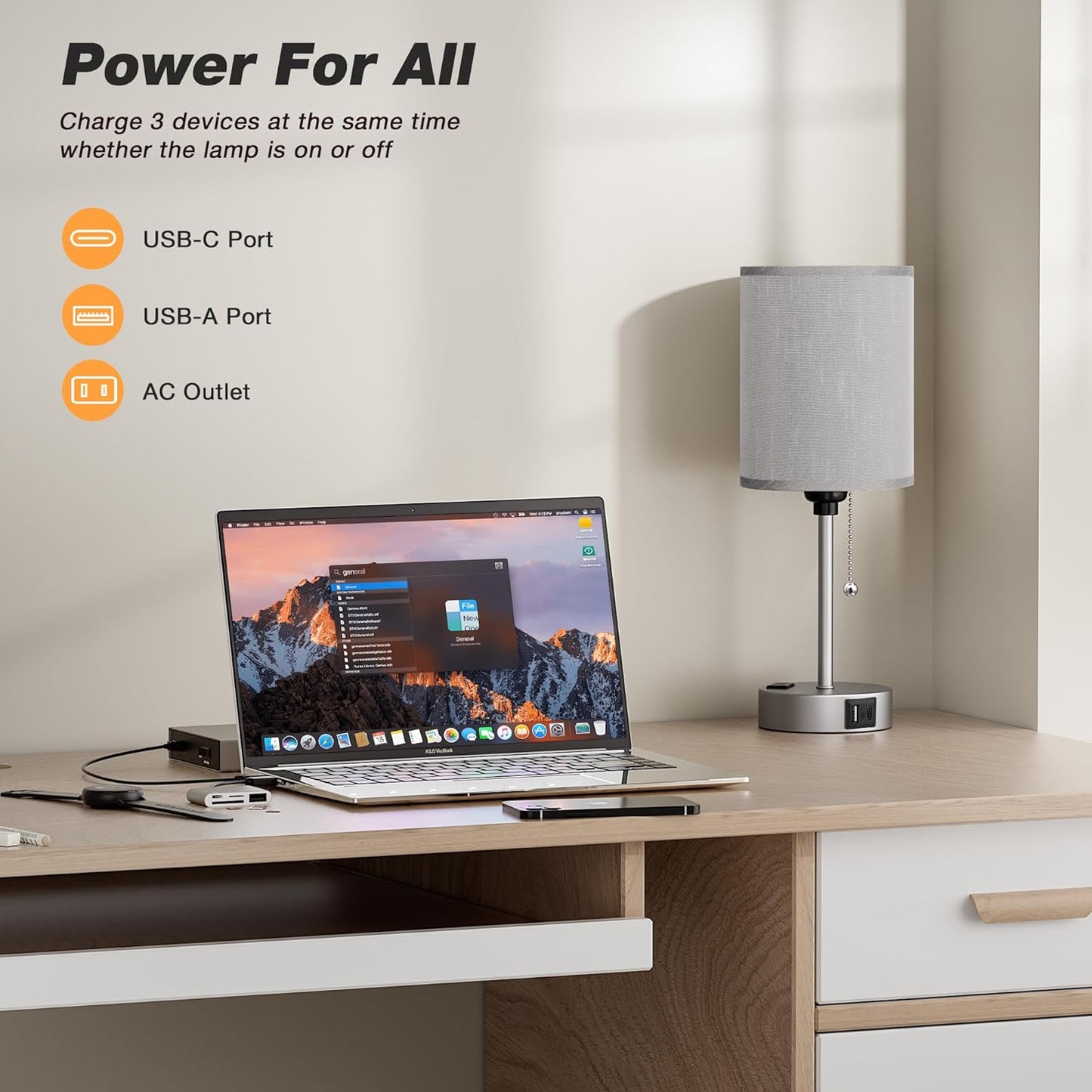 Small Bedside Table lamp for Bedroom - 3 Color Temperatures Bedside Lamps with USB Ports for Housewarming, Pull Chain Table Lamps with AC Outlet, Nightstand Lamps for Kids Reading