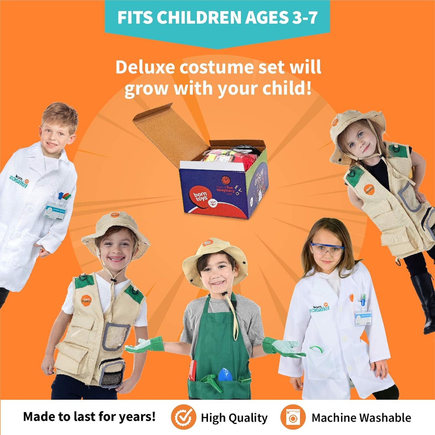 Born Toys Kids Costumes Set, 3-in-1 Dress Up & Pretend Play, Ages 3-7, Washable