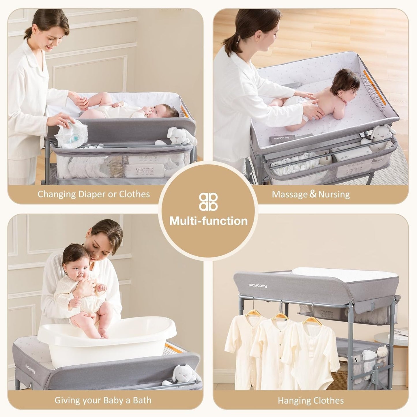 Baby Changing Table with Wheels, Maydolly Portable Foldable Changing Table, Waterproof Diaper Changing Station, Adjustable Height Changing Station, Mobile Nursery for Newborn and Infant (Grey)