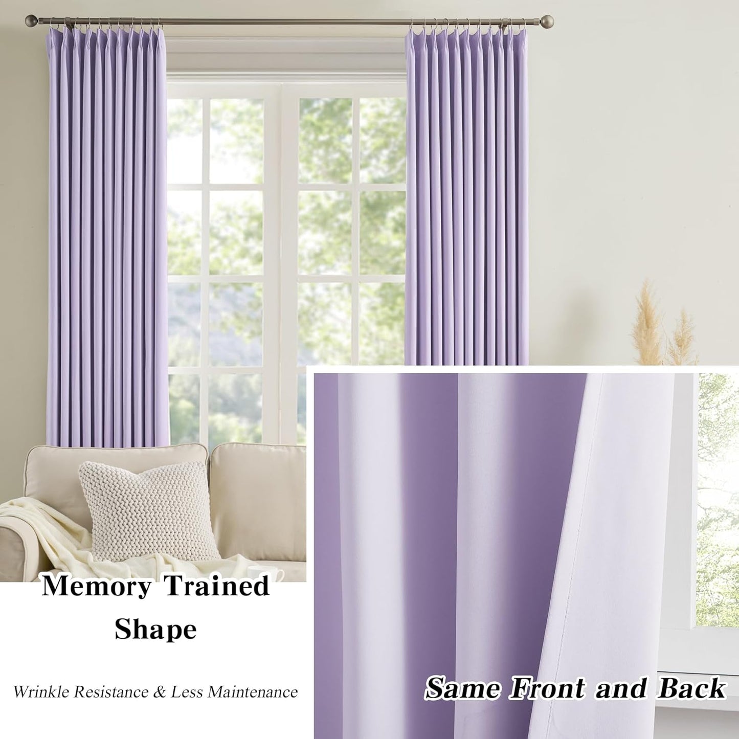 KEQIAOSUOCAI Pinch Pleats Lilac Curtains 92 Inches Long,Home Fashion Microfiber Thermal Insulated Solid Pleated Room Darkening Curtain for Bedroom (Lavender, 2 Panels, 40 Width by 92 Length)