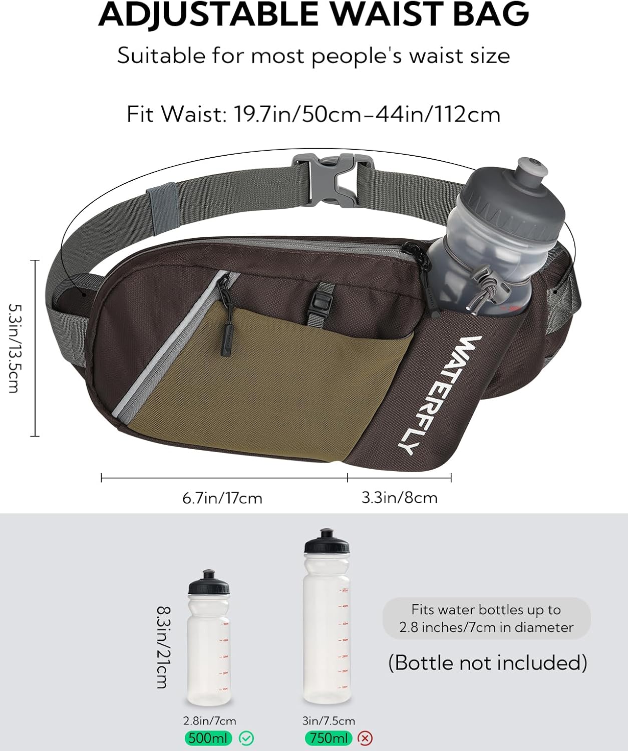 WATERFLY Fanny Pack Waist Bag: Hiking Water Bottle Holder with Strap Waist Pack for Women Men Hydration Hip Packs for Running Walking Traveling-Coffee Brown