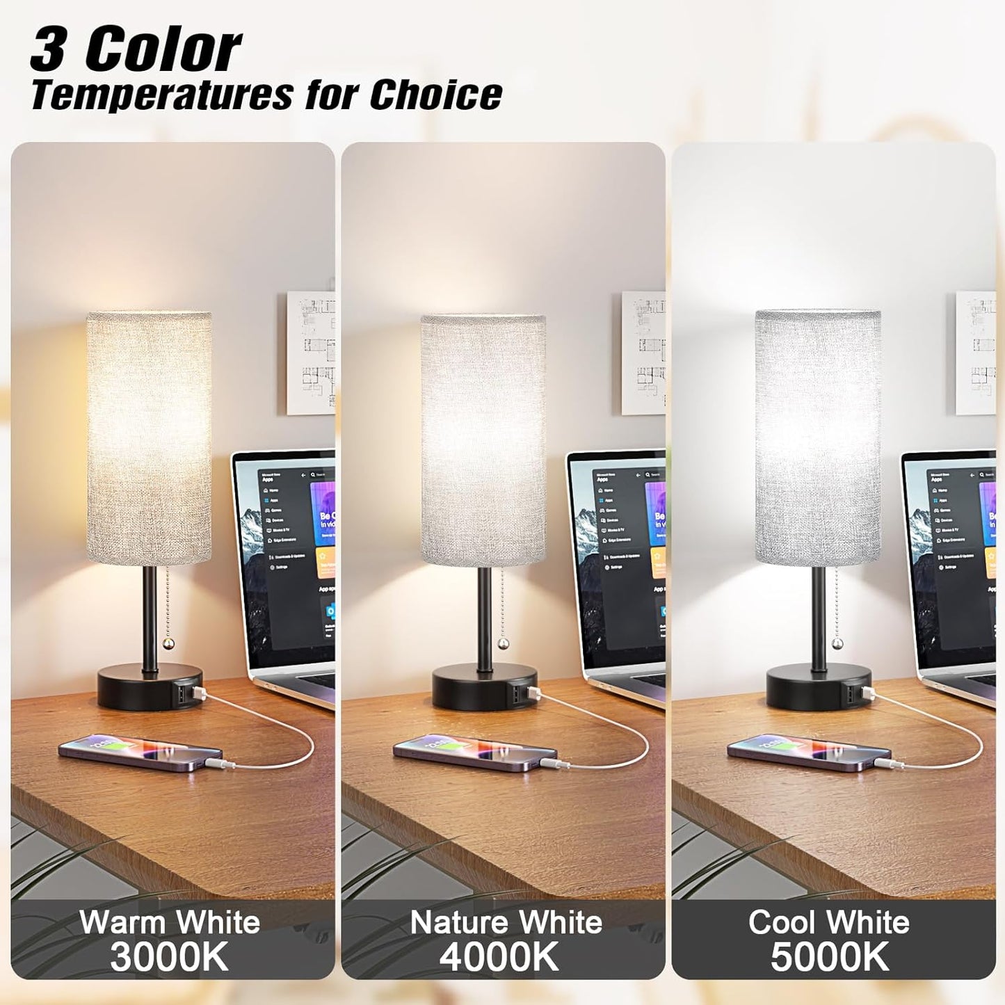 Grey Bedside Lamps for Bedroom Set of 2 - Nightstand Table Lamp with USB A + C Charging Port, 3 Color Temperatures Pull Chain Night Stand Light, Side Table Desk Reading Lamp for Living Room/Dorm Room