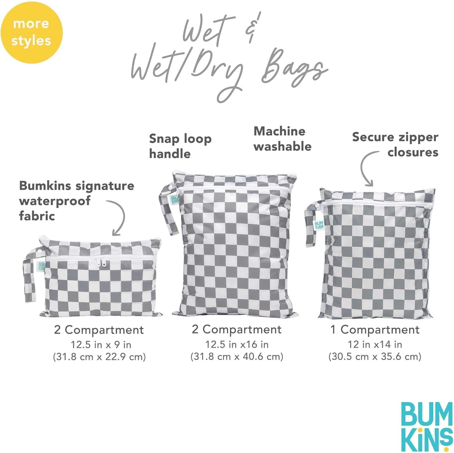 Bumkins - Waterproof Wet Bag - For Baby, Travel, Swim Suit, Cloth Diapers, Pump Parts, Pool, Gym, Toiletry, Strap to Stroller - Reusable & Easy to Clean - 2pk - Beige & Pink Check