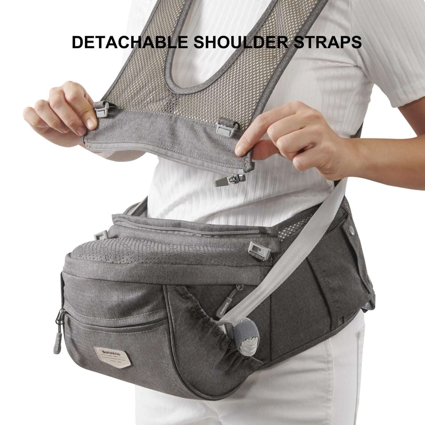 Sunveno Ergonomic Hip Seat Baby Carrier with Detachable Double Shoulder Straps, Waist & Back Relief, Breathable Mesh, Non-Slip Seat + Storage Pockets, Fits Infants & Toddlers 0-36 M up to 45 lbs