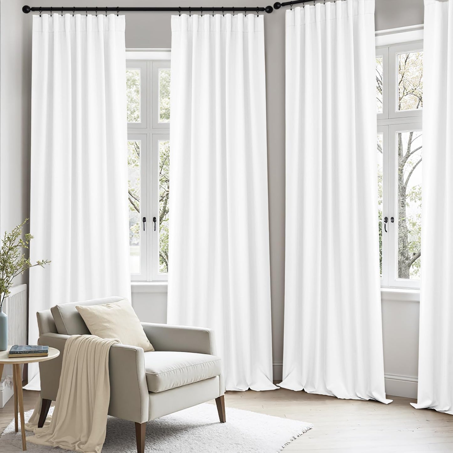 ANRODUO Back Tab Blackout Curtains for Bedroom Living Room, Rod Pocket Pinch Pleated Thermal Insulated Room Darkening Curtains 72 Inches Long 2 Panels, White, 42 x 72 Inch