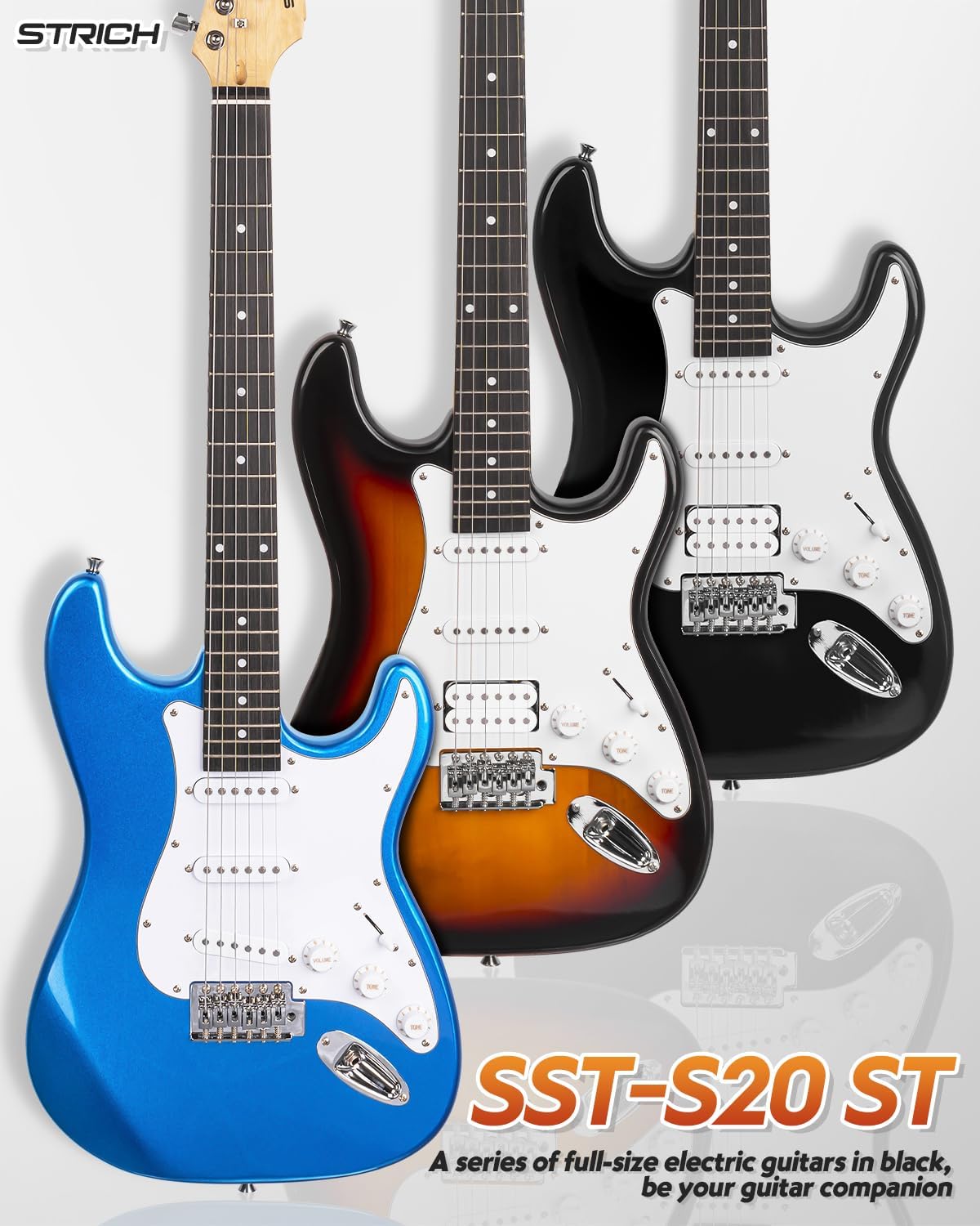 STRICH Electric Guitar Beginner Kit, Solid Body 39" Full Size Electric Guitar HSS Pick Up for Starter, with 10W Amp, Bag, Digital Tuner, Capo, Strap, String,Cable, Picks, SST-S20 Black