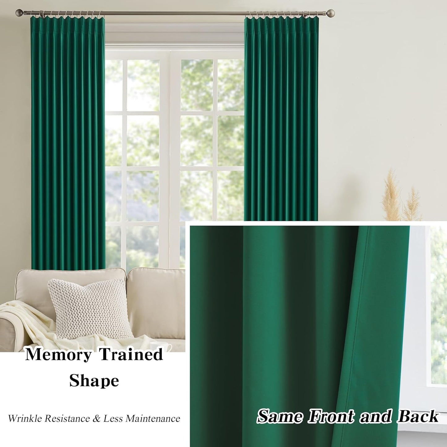 KEQIAOSUOCAI Dark Hunter Green Window Draperies 120 Inches Long 10 Feet Tall, Pinch Pleat Room Darkening Thermal Insulated Curtains for Living Room Emaerald Green 40 x 120-inch 2 Panels