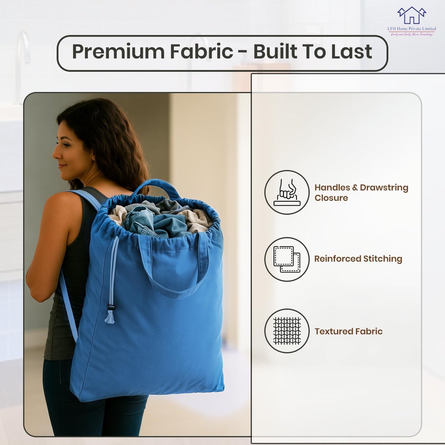 LFH Home Cotton Canvas Large Laundry Bag with Handle, Heavy Duty Drawstring Closure Washable Laundry Bags, School Travel, Home, Hotel, College Dorm, Organizer Sack, Toys Clothes 20x30-Sky Blue