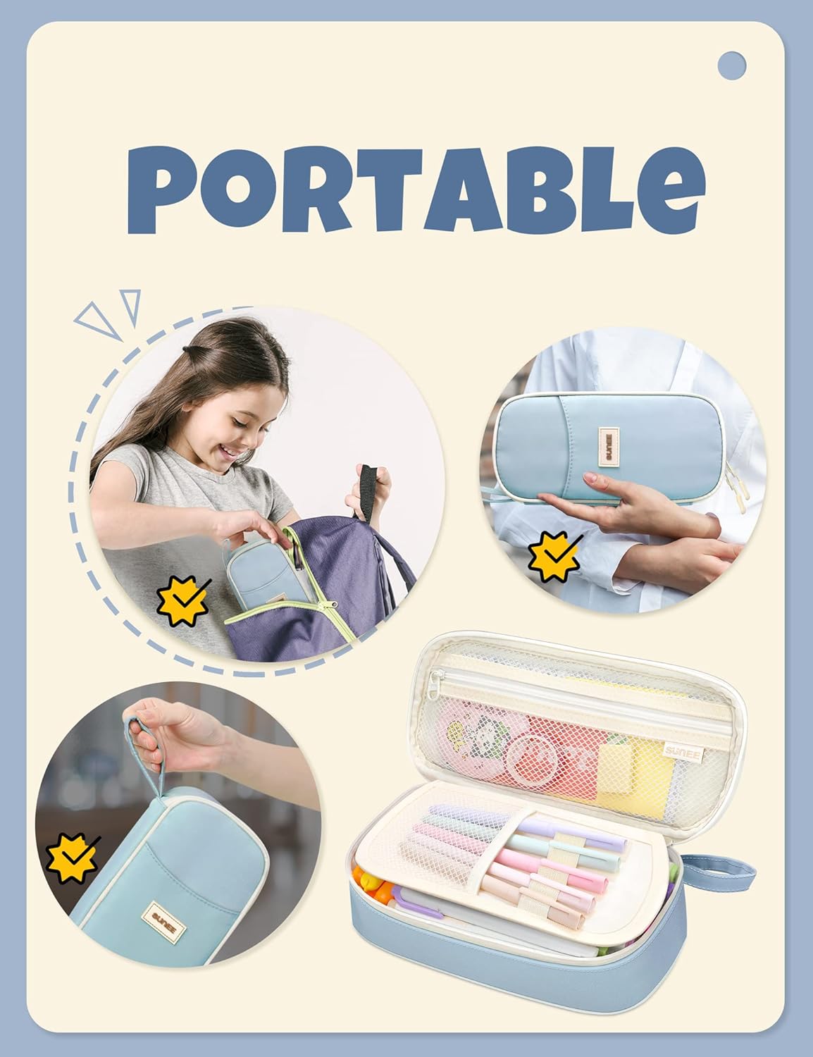 SUNEE Cute Pencil Case, Aesthetic Pen Pouch, Colored Large Pencil Bag with Zipper, Kawaii Stationery Storage and Organizer, School Supplies for Teen and Adult Girls, Blue