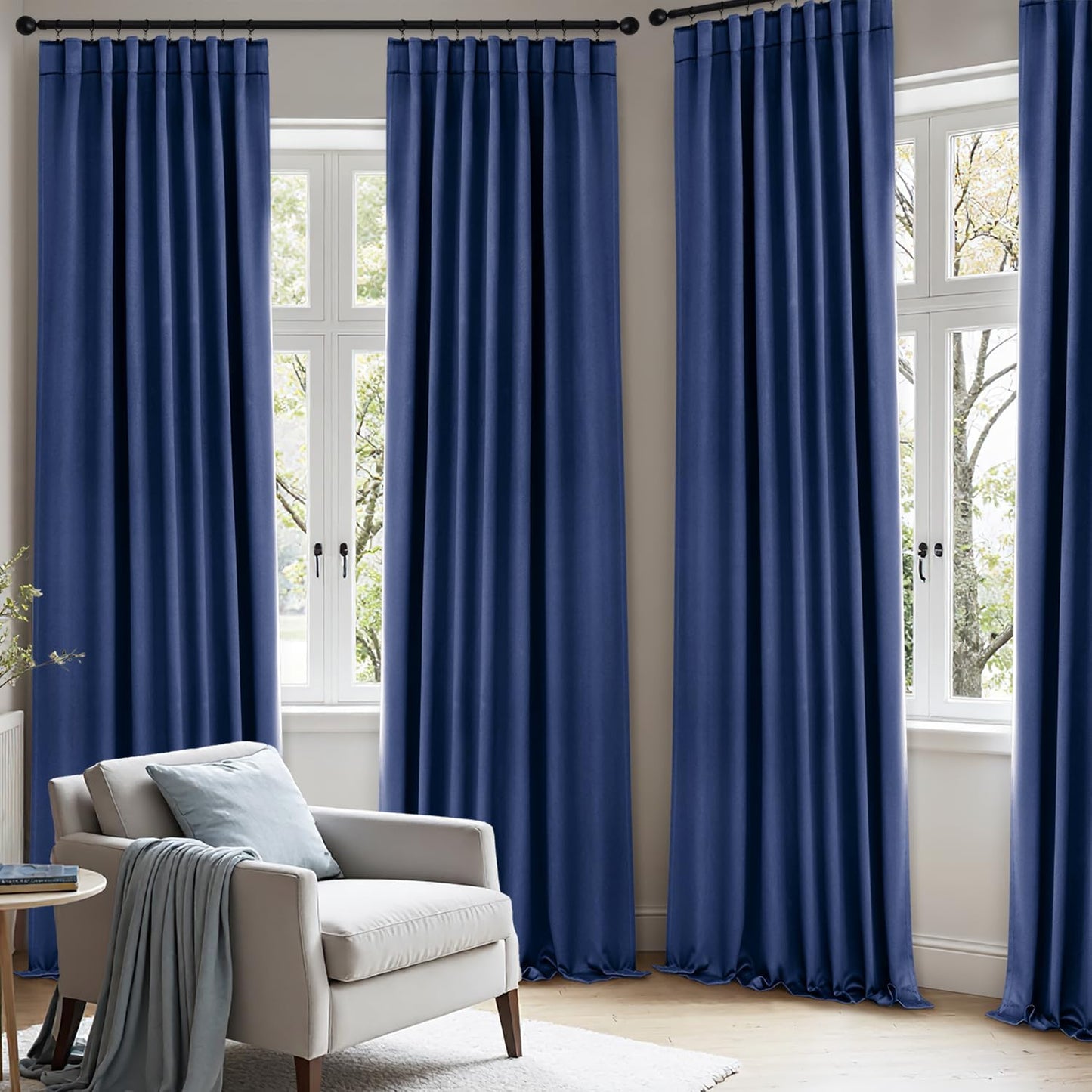 ANRODUO Back Tab Blackout Curtains for Bedroom Living Room, Rod Pocket Pinch Pleated Thermal Insulated Room Darkening Curtains 96 Inches Long 2 Panels, Navy Blue, 42 x 96 Inch