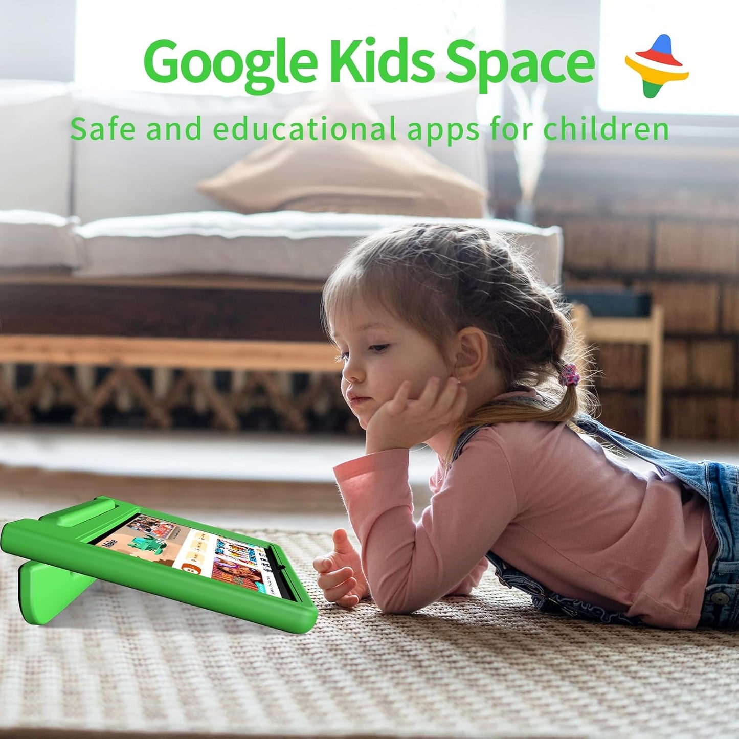 JREN Tablet for Kids|10 Inch Kids Tablet Android 14|Octa-core|64GB|WiFi |Bluetooth|Parental Control|Children Content|Children Toddler Green