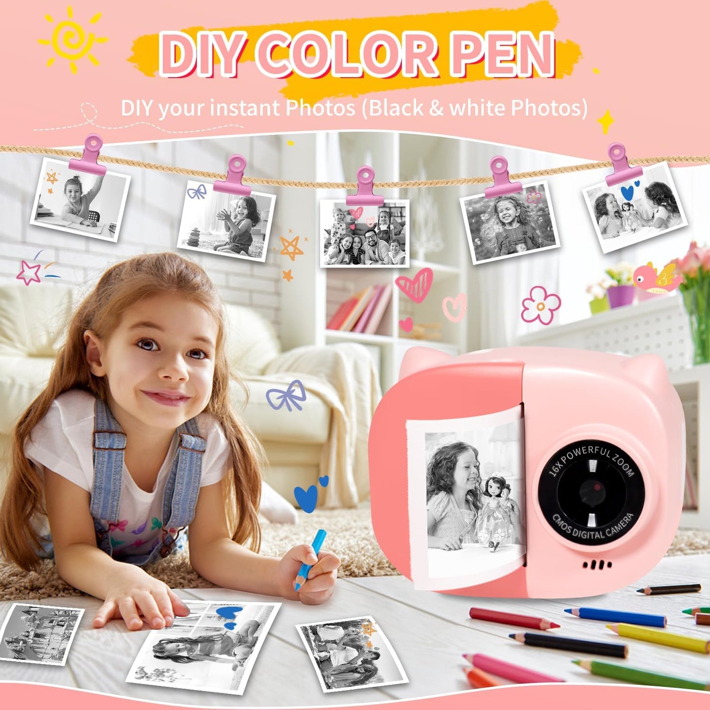 Instant Print Camera Toy for Kids, Girls Birthday Gifts for 3 4 5 6 7 8 Year Old Learning Music Story Player, 1080P HD Dual-Lens Creative Instant Camera (Pink)