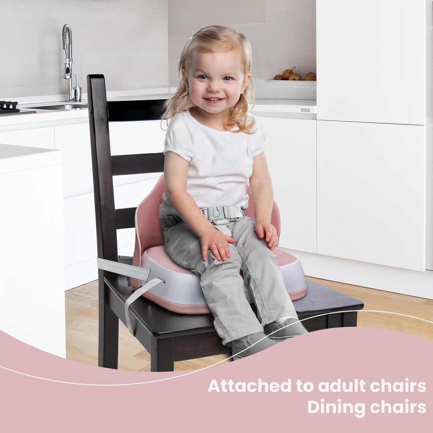 Baby Booster Seats, Toddler Booster Seat for Dining Table with Adjustable Straps, Portable Compact Portable Baby Chair for Dining and Travel (Pink)