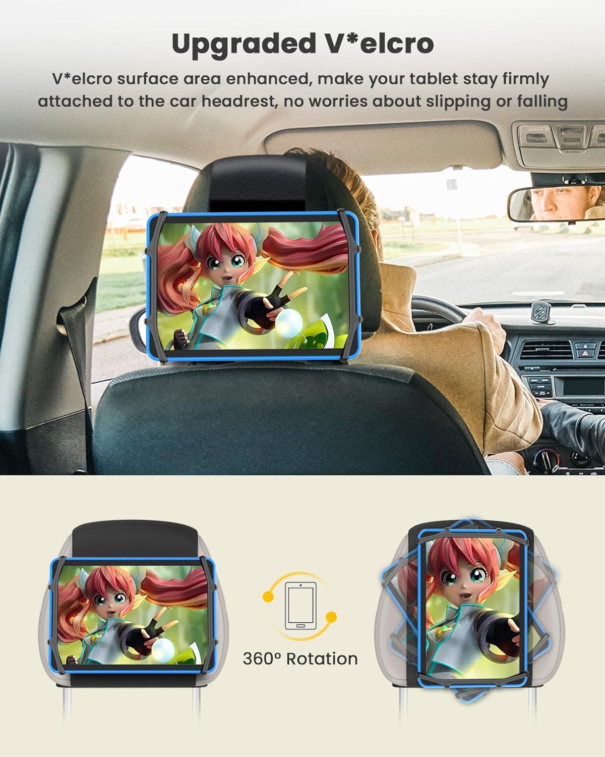 WONNIE Car Headrest Mount Holder for Tablets, Tablet Holder for Car Back Seat, Tablet Stand for Kids Fits for 7-12.9'' Devices, 4 Pack