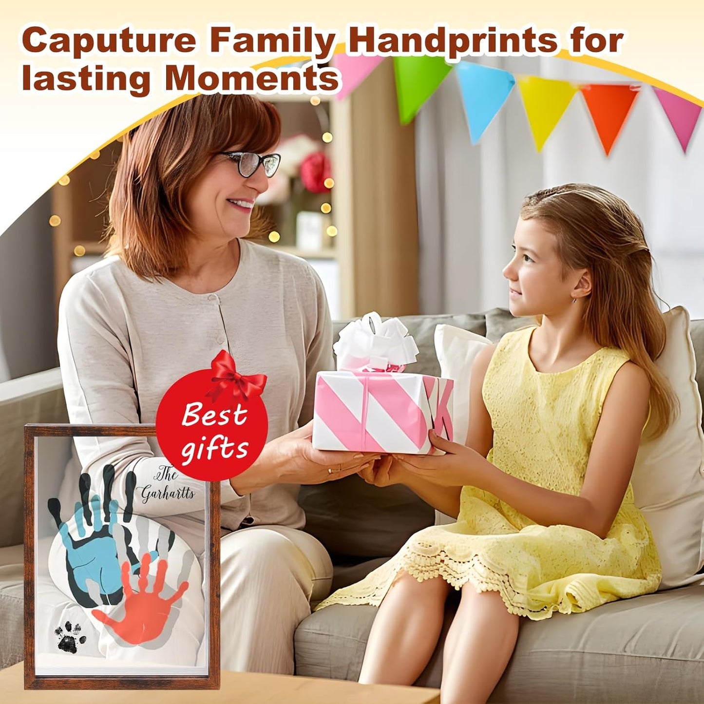 Family Handprint Kit,DIY Colorful Craft Keepsake Family Art Baby Newborn Hand and Footprint Wooden Frame for Home Decor Family Gifts Set(5 Sheets with 8 Colors) (White)