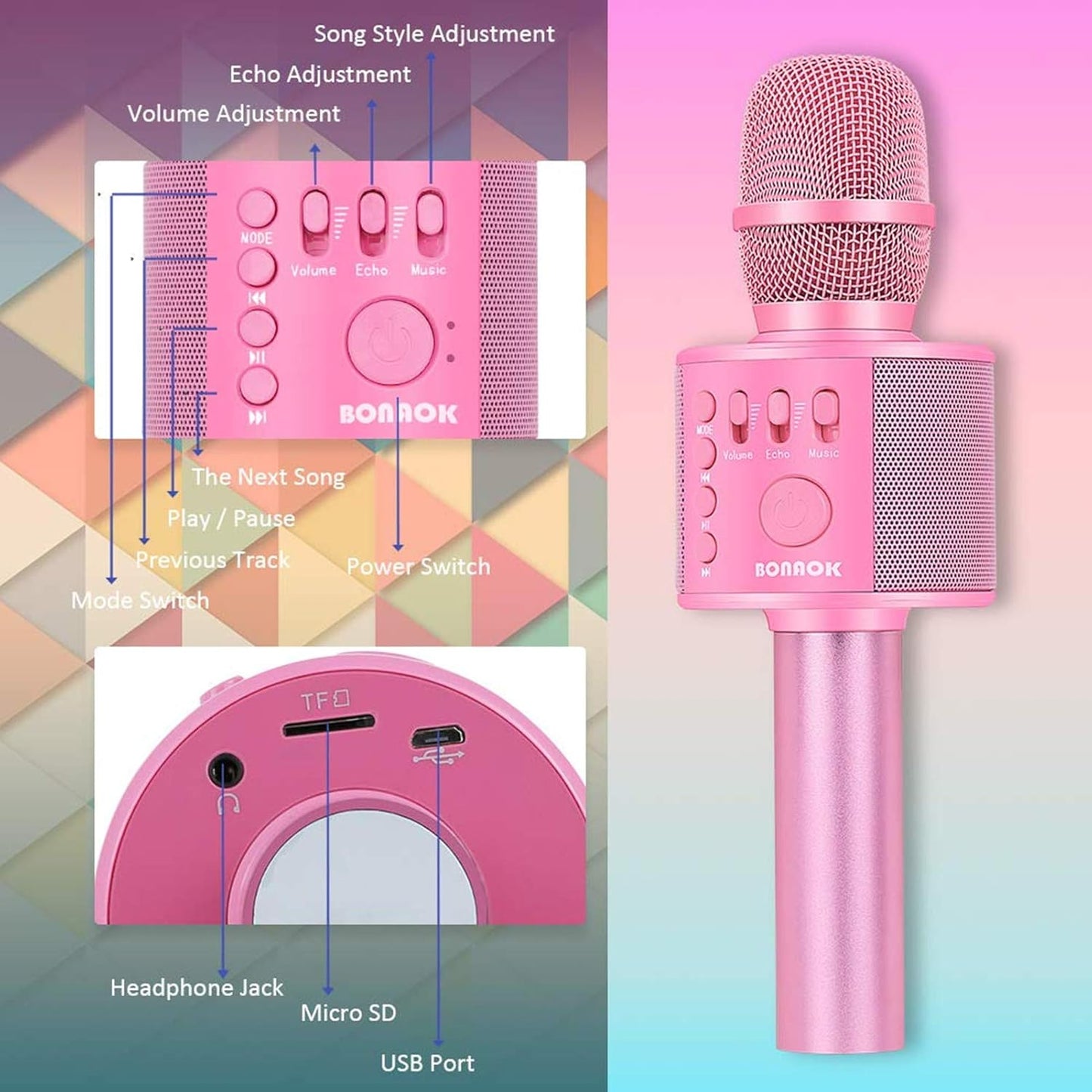 BONAOK Wireless Bluetooth Karaoke Microphone,3-in-1 Portable Handheld Karaoke Mic Speaker Machine Home Party Birthday for All Smartphones Q37 (P-Ink)