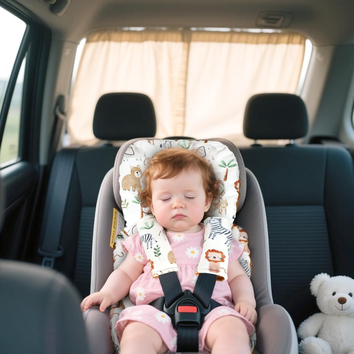 Infant Car Seat Insert Cushion, Baby Car Seat Head Body Support for Girls & Boys, Reversible Newborn Car Seat Insert with 2 Extra Strap Paddings, Premature Car Seat Cushion, Animal