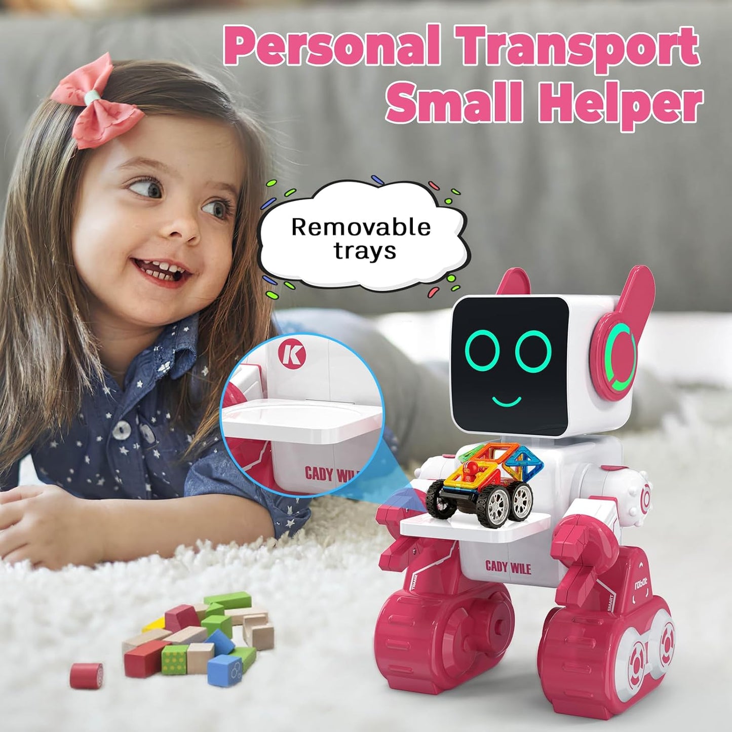 okk Robot Toys for Kids, Programmable Remote Control Robot, Interactive Toys with Coin Bank, LED and Tray, Walking Talking Singing Dancing Gift for Boys Girl(Pink)