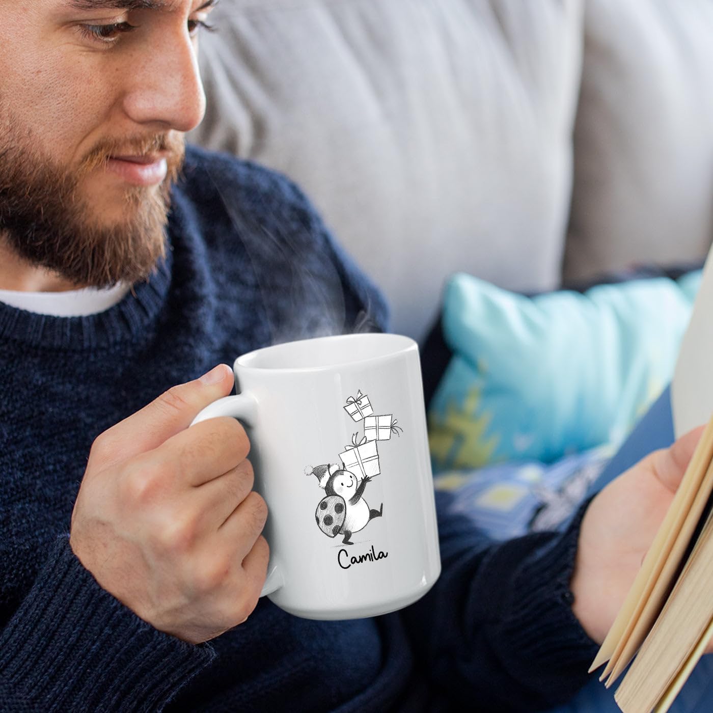 Ladybug Accent Ceramic Teacup, Personalized Ladybug Lover Coffee Mug Gift For Family Friends Besties Sibling, Cute Ladybugs Coffee Cup 11 15Oz, Customized Name Ladybugs White Coffee Cup For Birthday