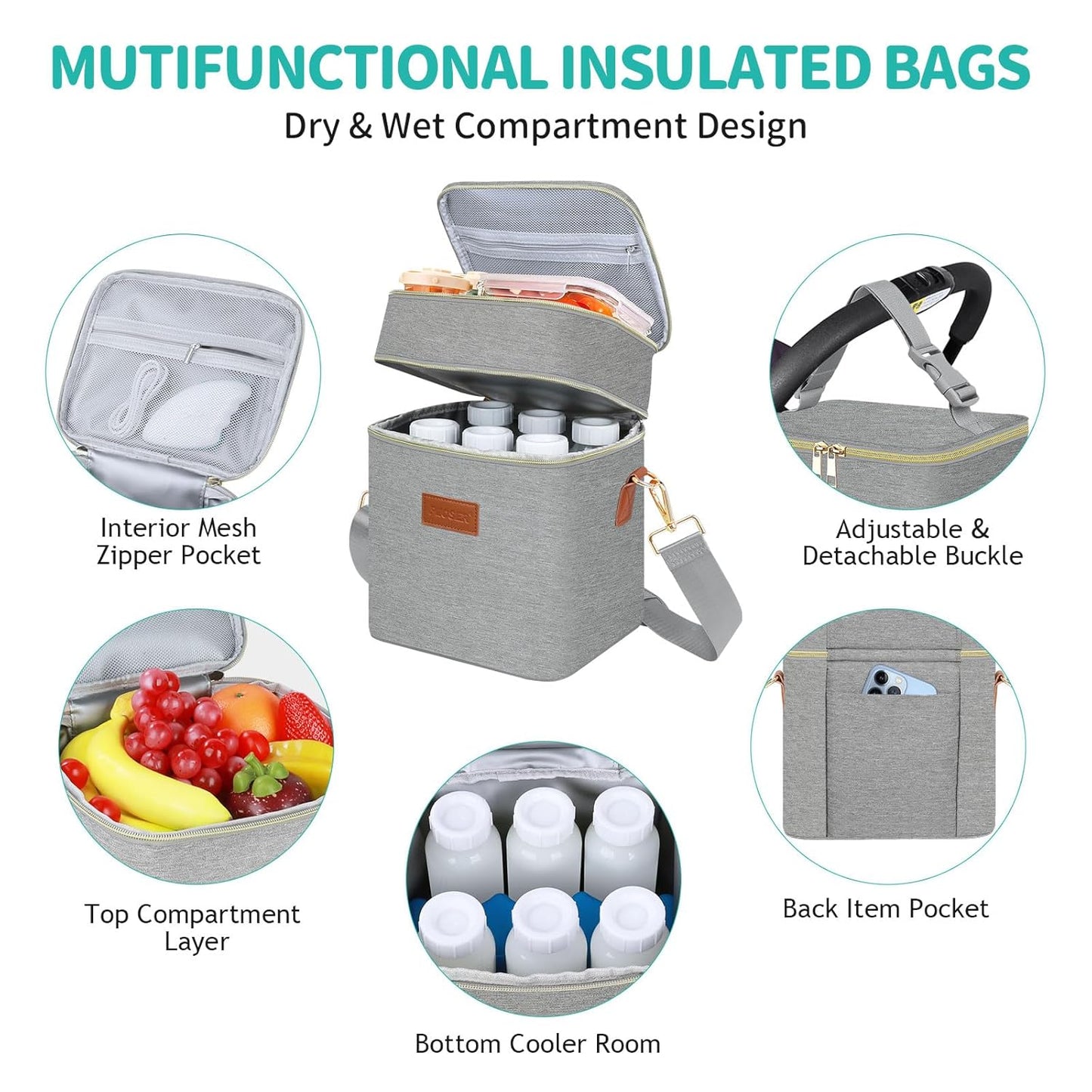 PIIOSER Breastmilk Cooler Bag with Ice Pack Fits 6 Baby Bottles Up to 9 Ounce, Insulated Baby Bottle Tote Bags, Double Layer Waterproof Leak-Proof with Shoulder Strap for Nursing & Working Mom (Grey)