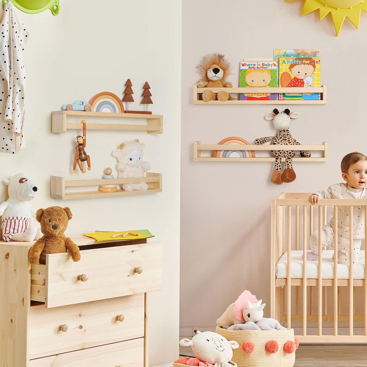 Fun Memories Nursery Book Shelves - Rustic Natural Solid Wood Floating Bookshelf for Kids - Wall Book Shelves for Kids Room (Natural, 24inch - 4P)