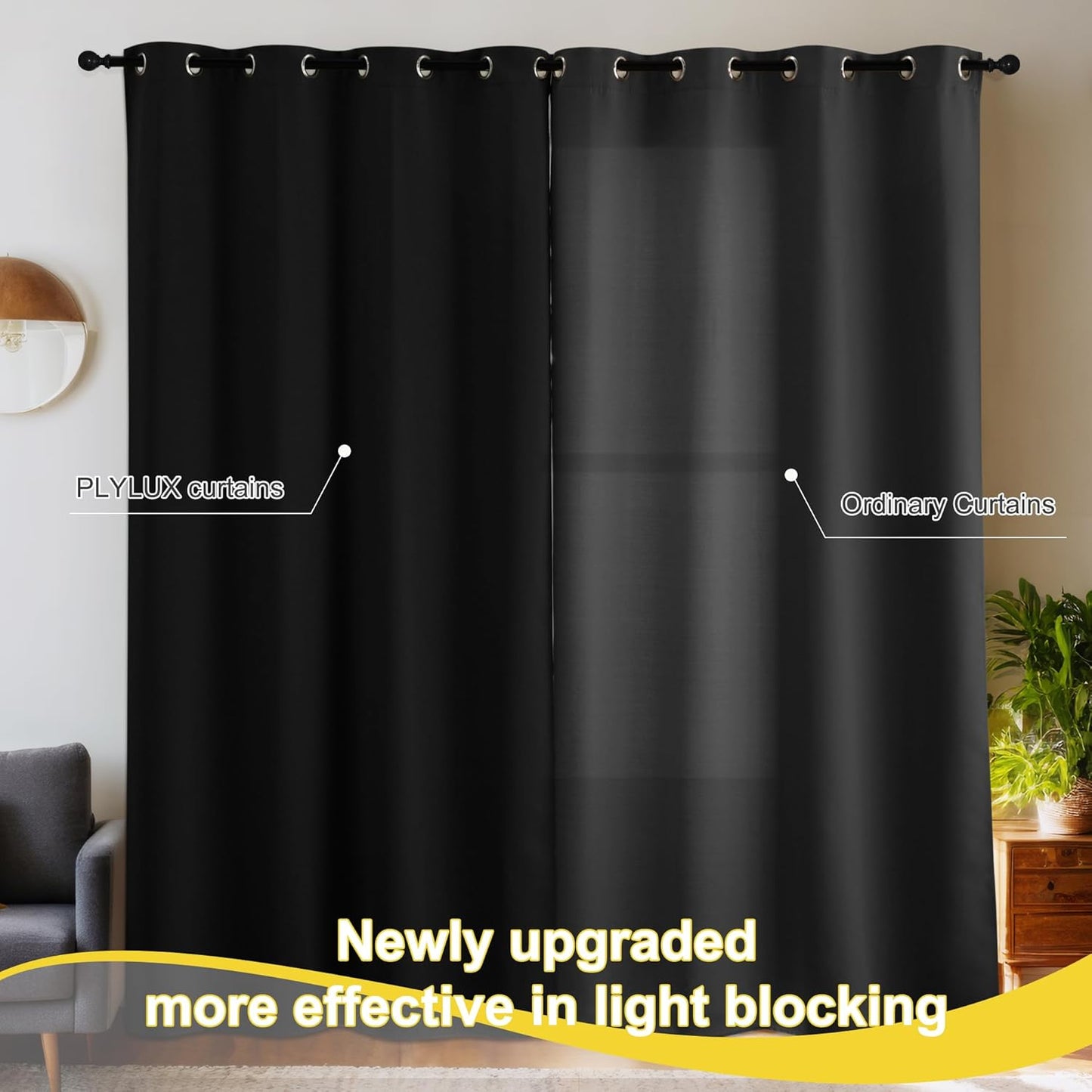 NICETOWN 100% Blackout Curtains for Bedroom, Room Darkening Plylux Black Curtains 84 Inch Long Thermal Insulated Grommet Window Drapes for Living Room, 52" W x 84" L, 2 Panels