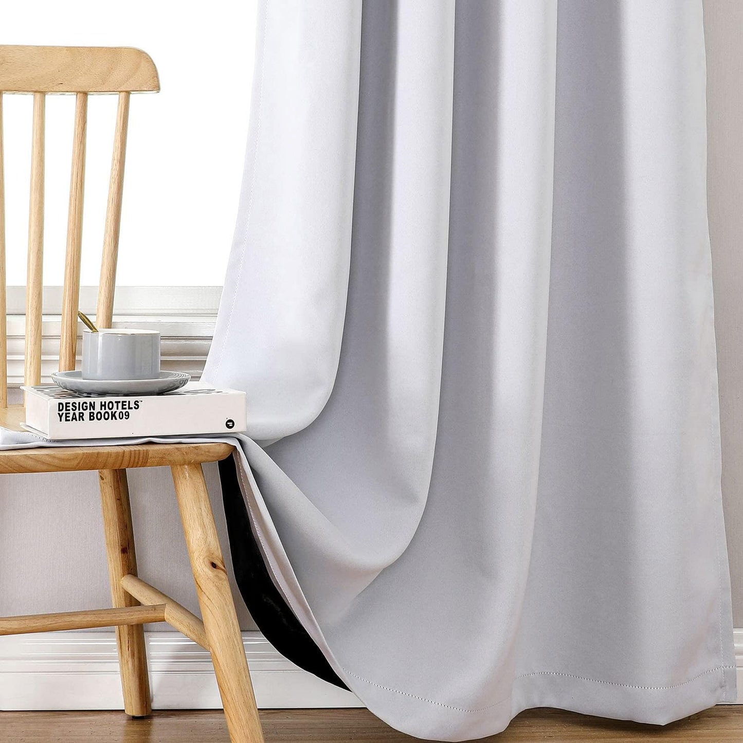 ChrisDowa 100% Blackout Curtains for Bedroom with Black Liner, 2 Thick Layers Total Blackout Thermal Insulated Grommet Window Curtains 2 Panels Set (Greyish White, 52 x 45 Inch)