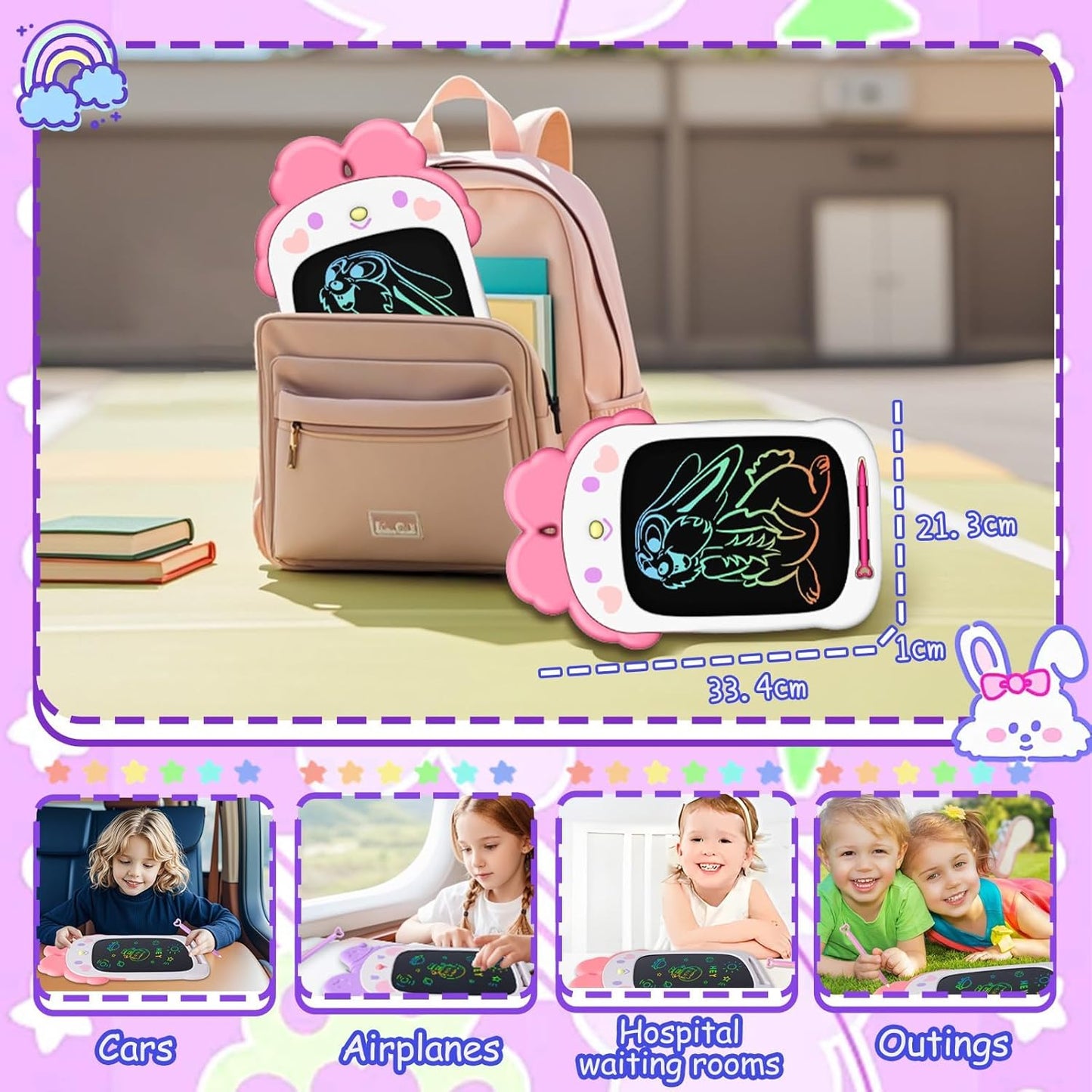 LCD Writing Tablet for Girl 3 4 5 6 Year Old 10 Inch, Drawing Board, Doodle Pad, Paint, Travel Toys, Road Trip, Birthday Gifts for Kids (Pink Bunny)
