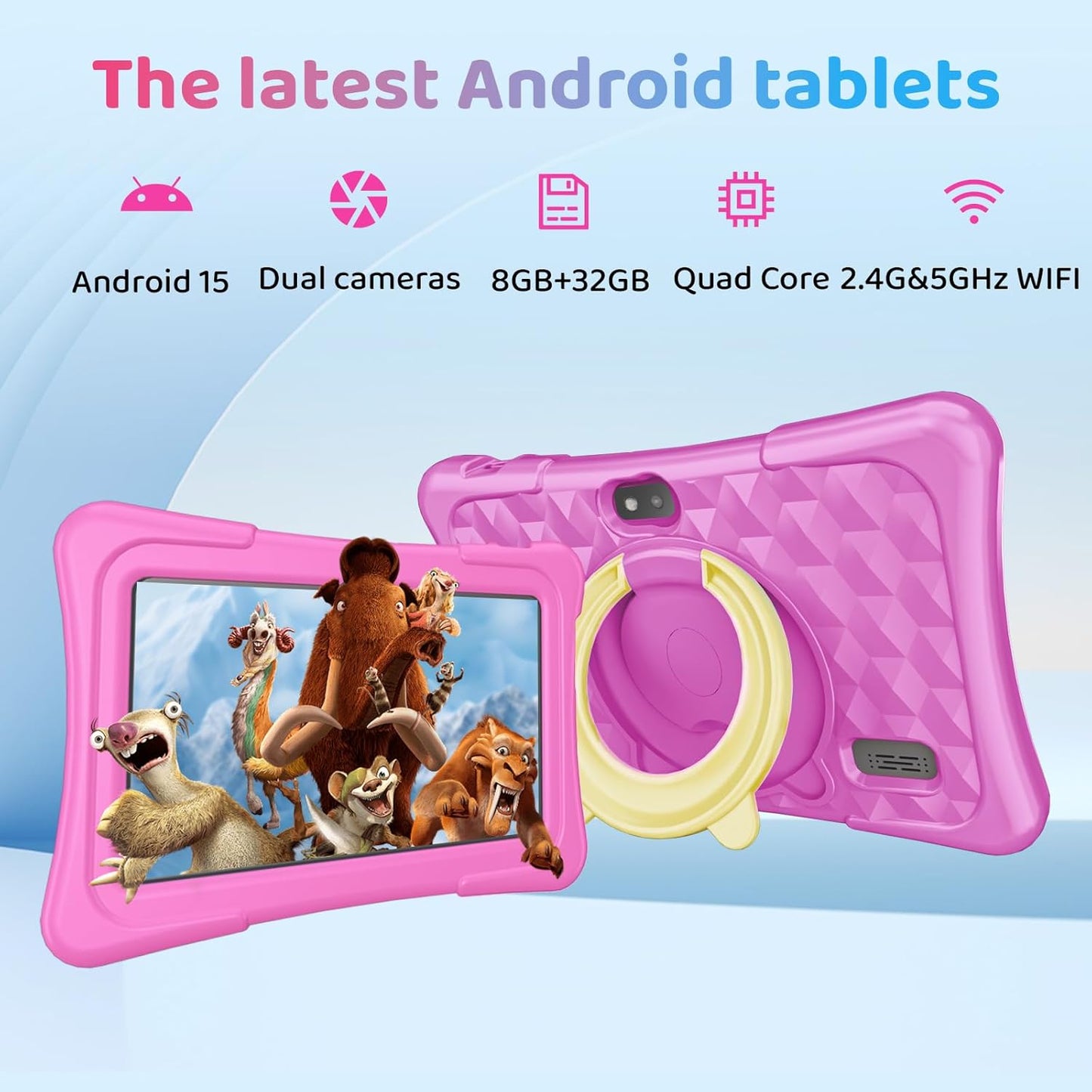 Kids Tablet, 7 inch Android 15 Tablet for Kids, 8GB+32GB 1TB Expand, Quad-Core Toddler Tablets with Shockproof Case, BT5.0, WiFi 5, Parental Control, Games, Dual Camera (Pink)