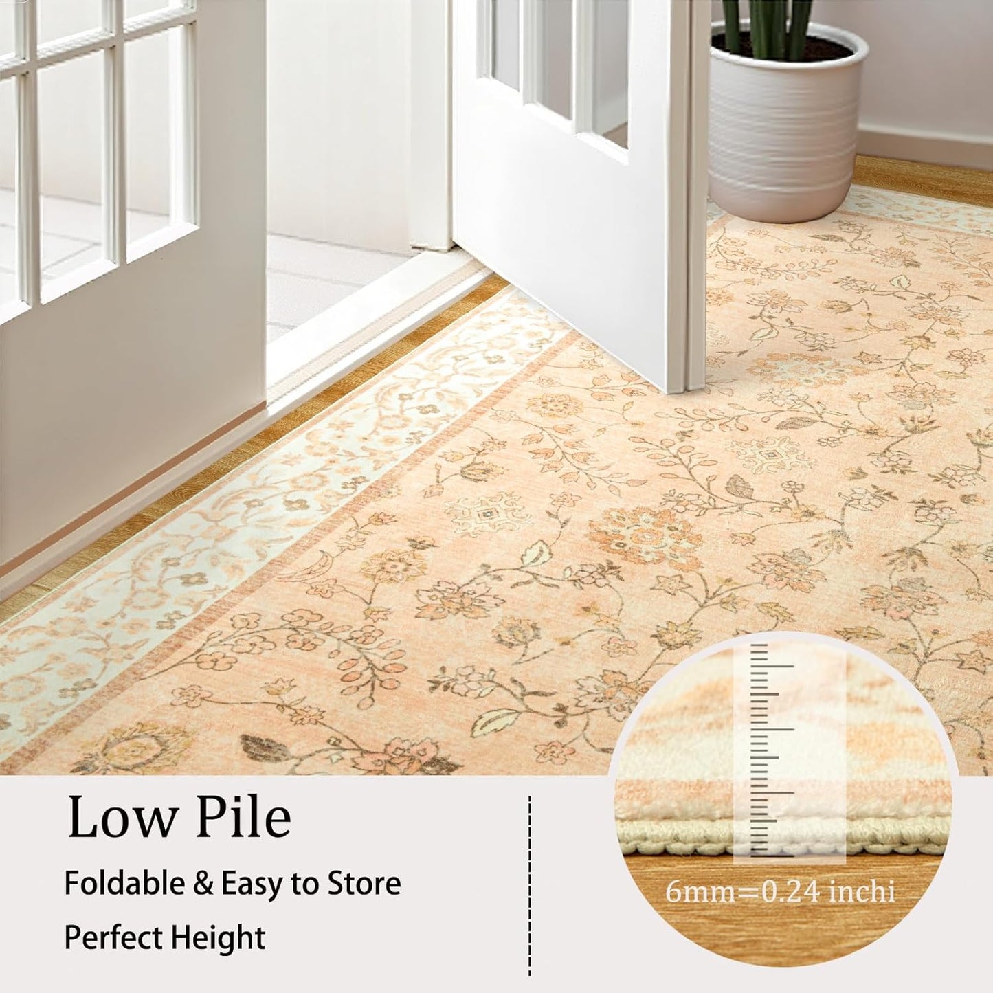 LOCHAS Washable Area Rugs 8x10, Peach Floral Rug for Living Room Bedroom Non Slip, Ultra Soft Vintage Indoor Carpet for Kids, Nursery, Dorm, Dining Room, Classroom, Boho Flower Home Decor, Low-Pile