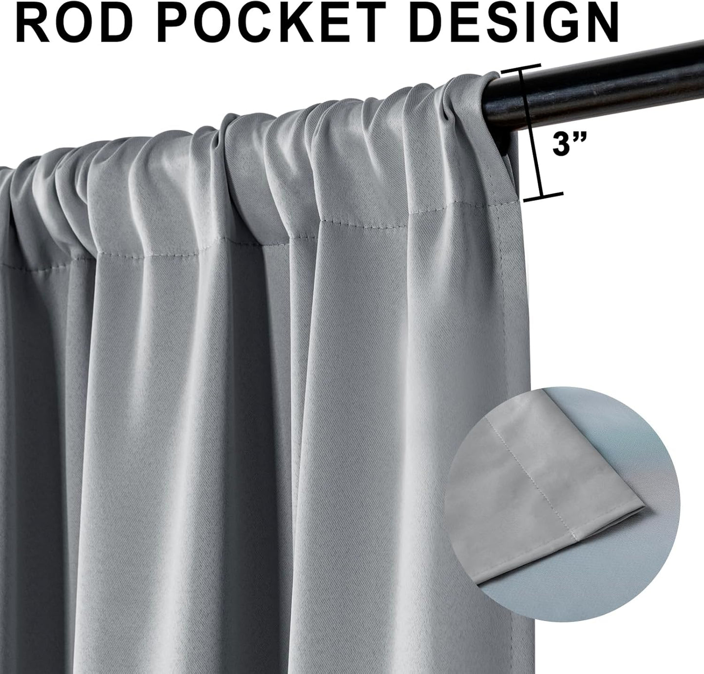 XWZO Full Shading Blackout Curtains 72 Inches Length - Heat and Light Blocking Rod Pocket Window Drapes with Black Liner Backing for Bedroom Sewn with Tiebacks, Grey, W52 x L72, Set of 2