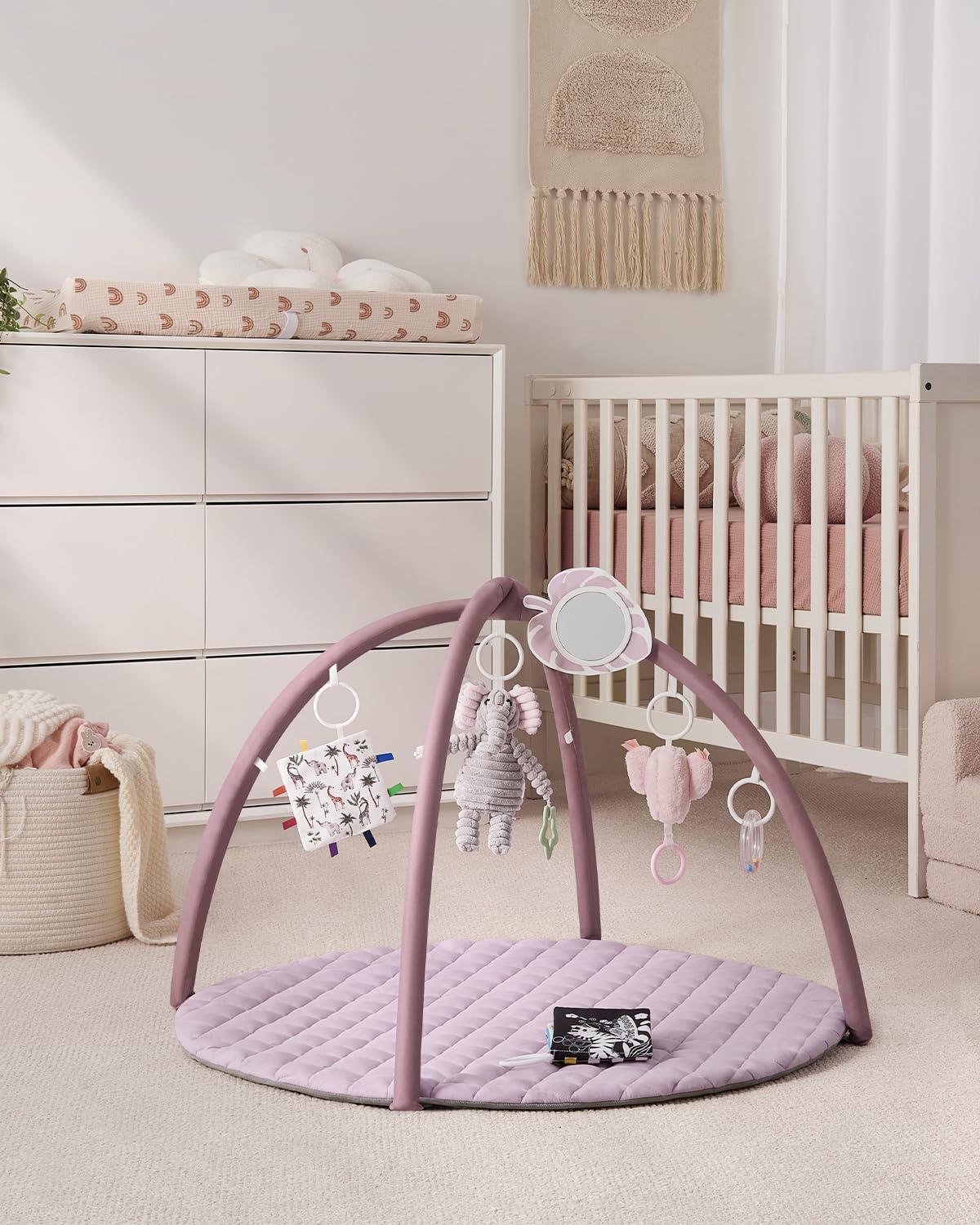 Blissful Diary Baby Play Gym Mat, Tummy Time Activity Mat with 6 Detachable Toys for Stage-Based Sensory & Motor Skill Development, Easy to Install & Clean, Baby Essentials Gift, Lavender Pink