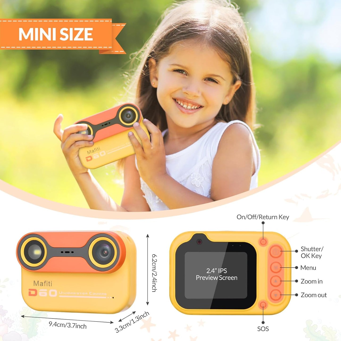 Mafiti Kids Waterproof Digital Camera Underwater Camera for Snorkeling and Diving 48MP 1080P HD Digital Camera with 2.4" IPS Display USB Rechargeable for Videos and Photos with 32GB Card Orange