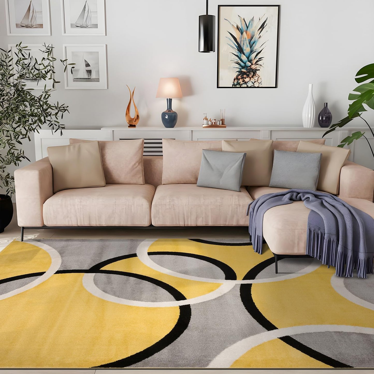 Rugshop Contemporary Abstract Circles Easy Maintenance for Home Office,Living Room,Bedroom,Kitchen Soft Area Rug 5' 3" x 7' 3" Yellow