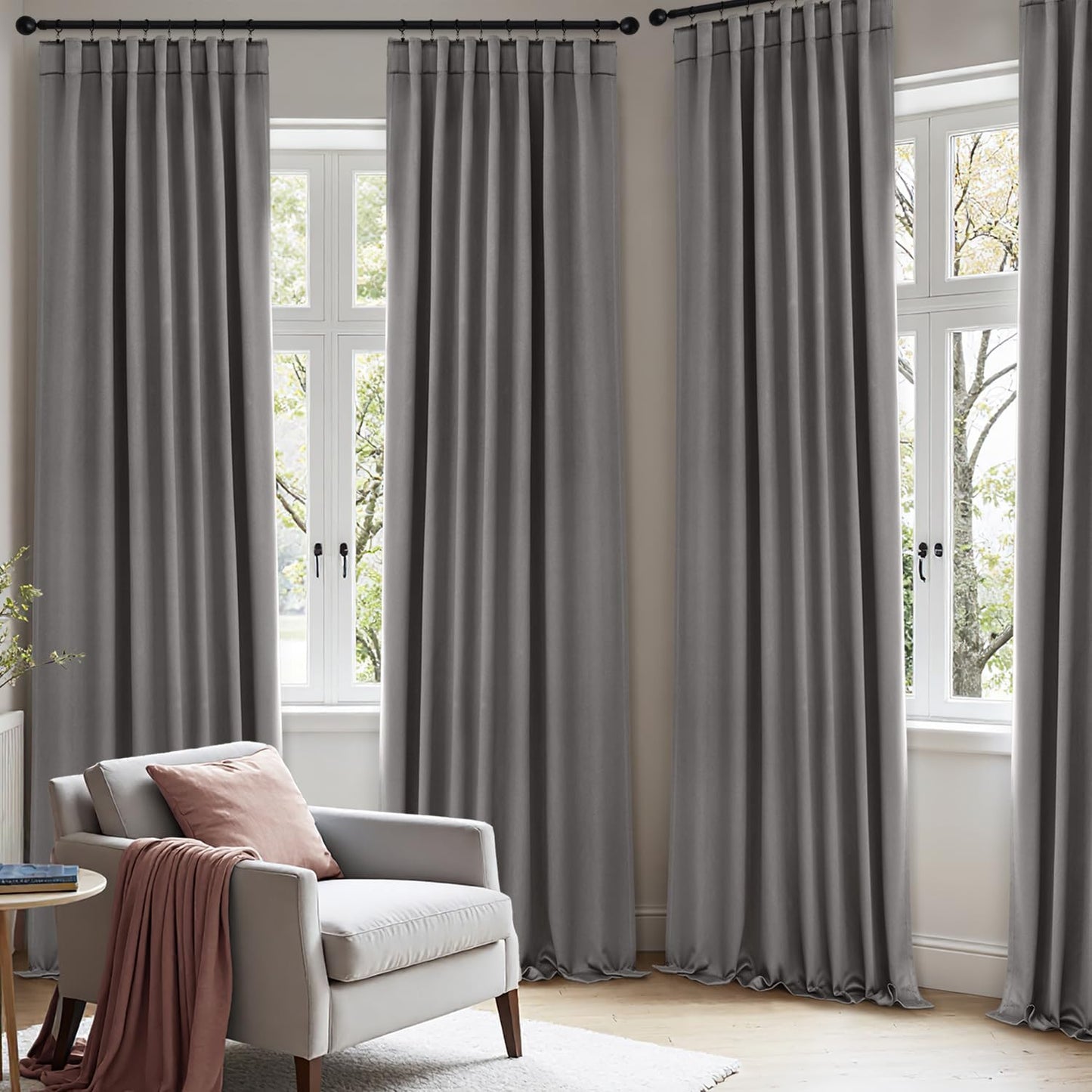 ANRODUO Back Tab Blackout Curtains for Bedroom Living Room, Rod Pocket Pinch Pleated Thermal Insulated Room Darkening Curtains 96 Inches Long 2 Panels, Grey, 42 x 96 Inch