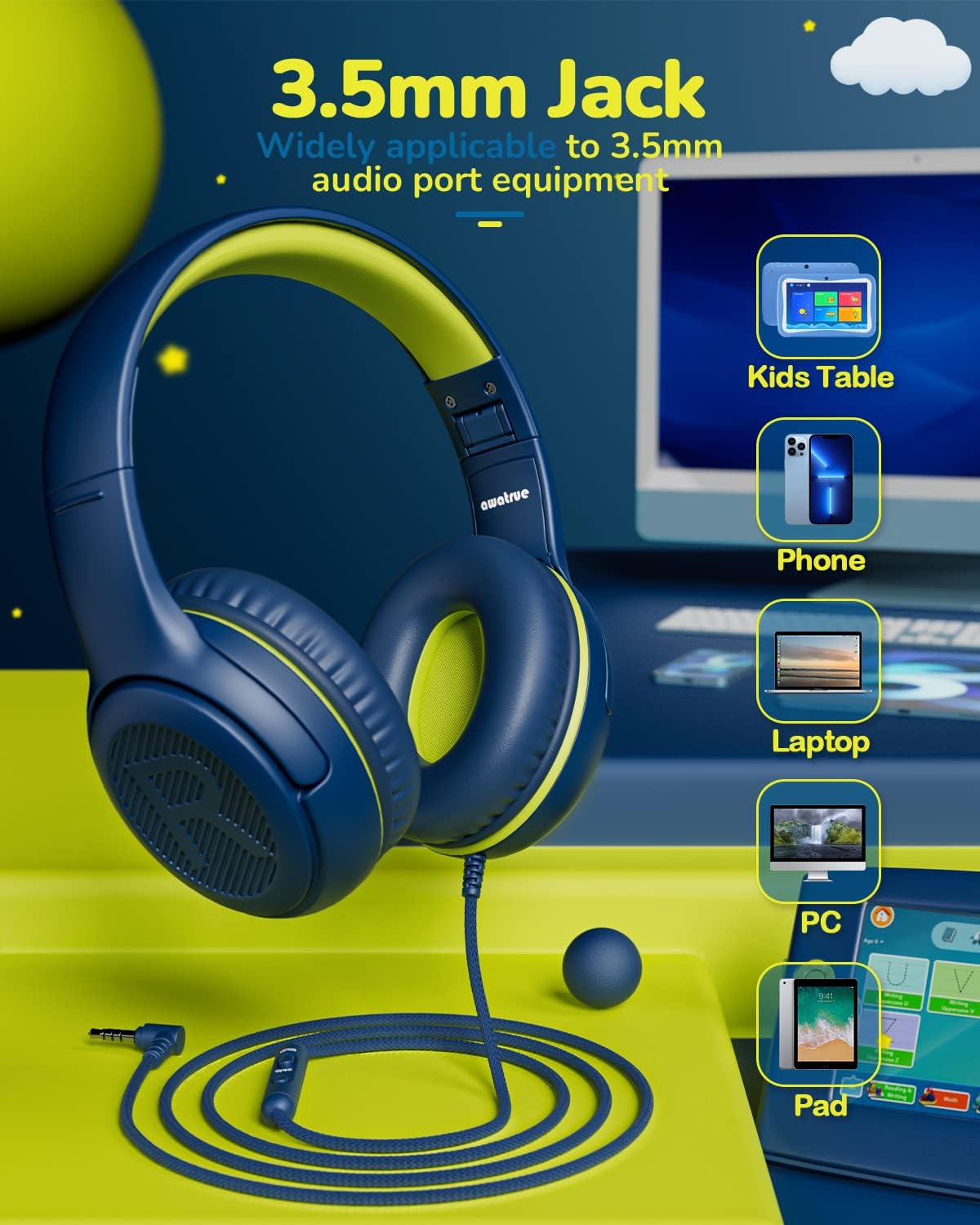 Kids Headphones for School Toddler Wired with Microphone Plug in Bulk Boys Headset Girls 3+ Year Old Blue Green shareport Phones Teen Volume Control Airplane Two People Childrens Babies