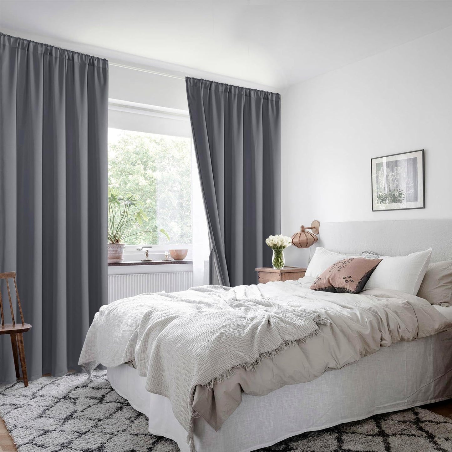 XWZO 100% Blackout Curtains 45 Inches Long with Tiebacks- Rod Pocket Privacy Protection & Noise Blocking Window Draperies with Black Liner for Bedroom/Living Room, Dark Grey, W42 x L45, Set of 2