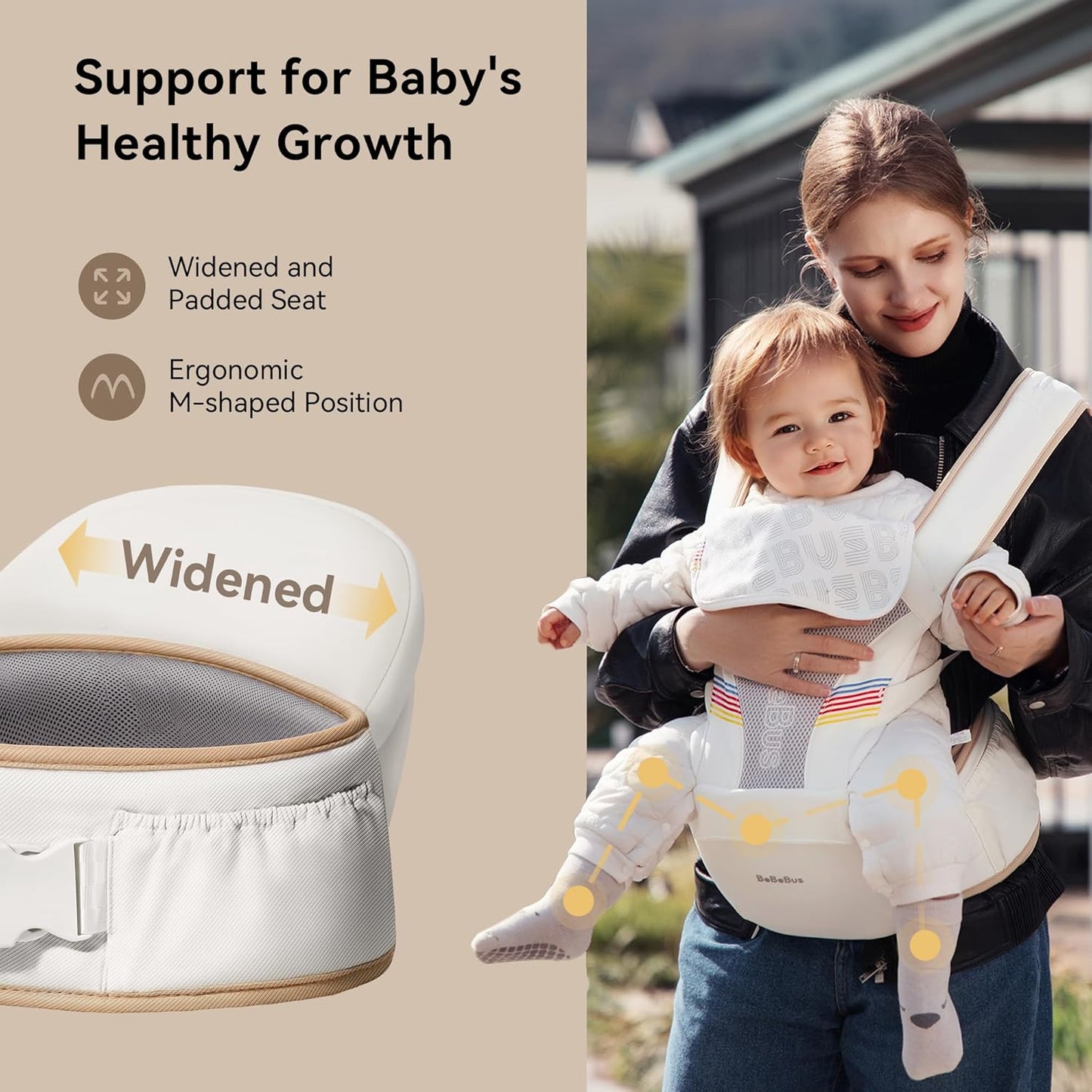 Baby Carrier with Hip Seat, BeBeBus 2-in-1 Ergonomic Newborn to Toddler Carrier up to 44 lbs, Detachable Hands-Free for Infant, All Season Forward-Facing Carry, Fits Waist Sizes up to 38 inch (White)