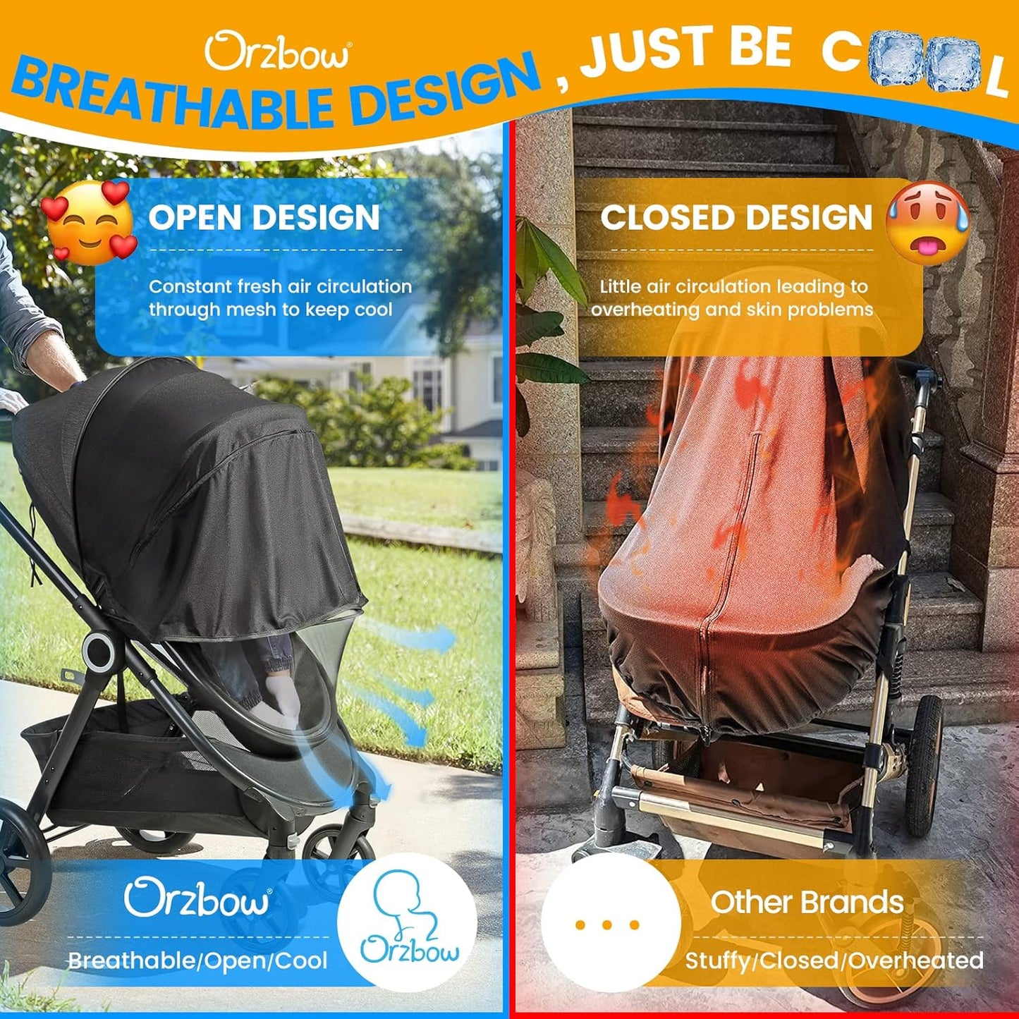 Orzbow 2-in-1 Baby Mosquito Net with UPF50+ Sunshade for Stroller, Breathable Stroller Mosquito Netting Privacy Cover with Two-Way Zipper & Storage Bag for Bassinet, Carrycot & Car Seat, Black