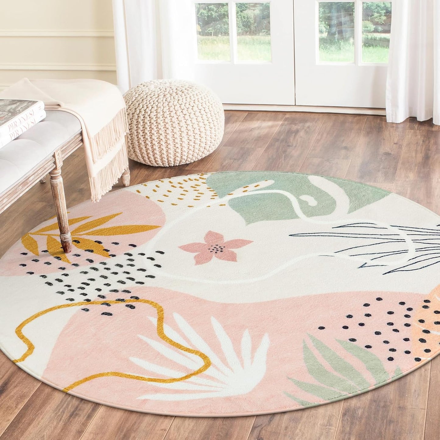 Lahome Pink Round Rug 7Ft - Washable Boho Area Rug for Living Room & Dining Room, 7'x7' Soft Non-Slip Ultra-Thin Botanical Print Carpet for Bedroom & Office
